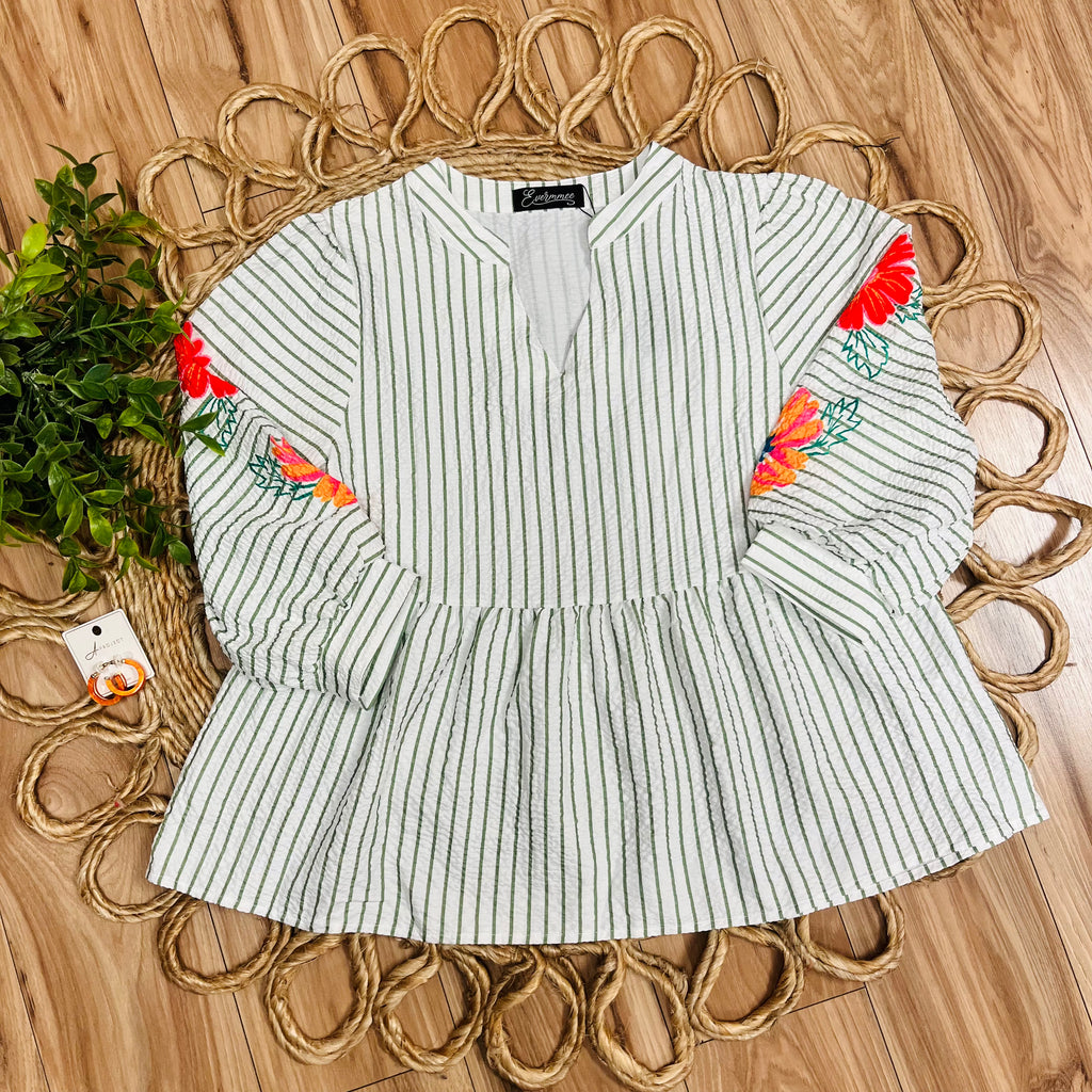 Women’s Evermmee White Babydoll Style Top with Green Stripes and Floral Details