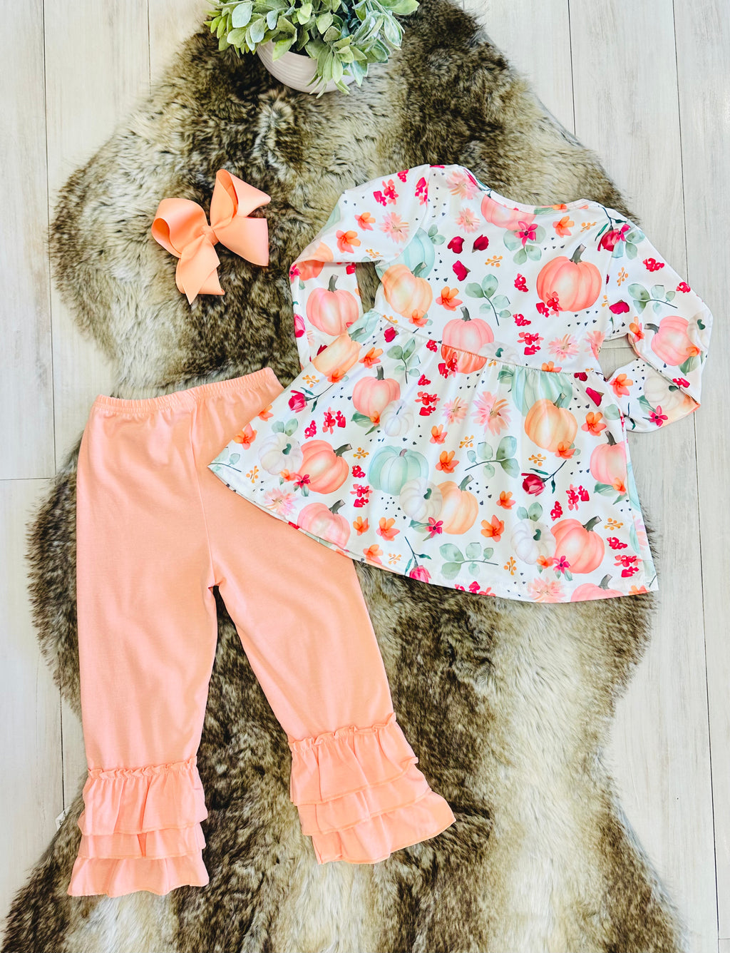 Girls Floral Pumpkin & Coral Outfit