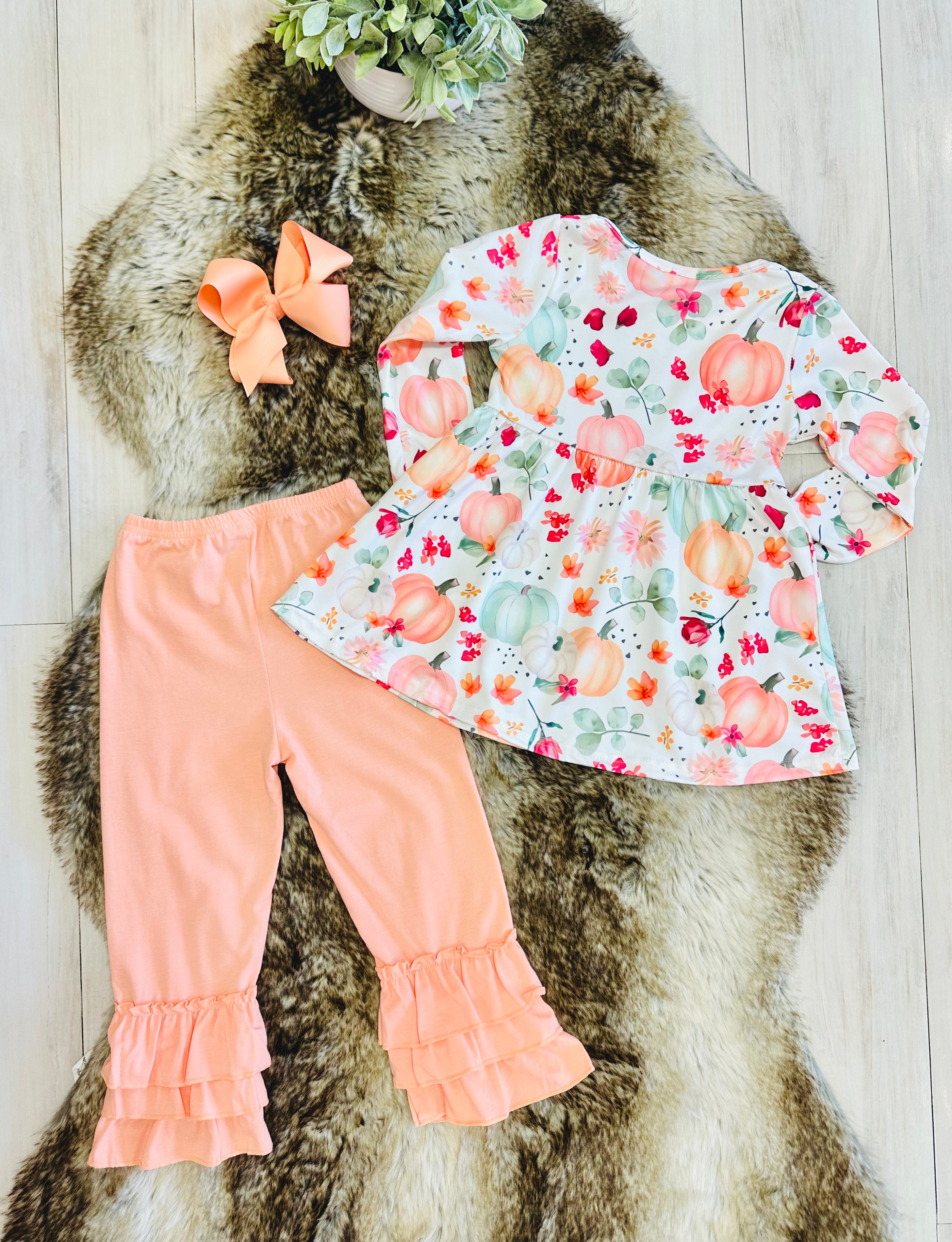 Girls Floral Pumpkin & Coral Outfit