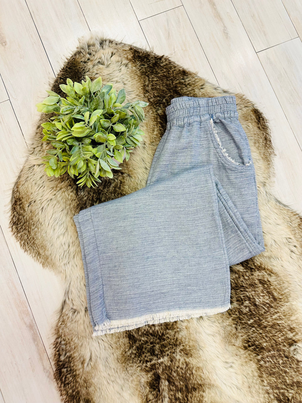Women’s Umgee Light Blue Wide Leg Pants with Frayed Hem- Loose Fit