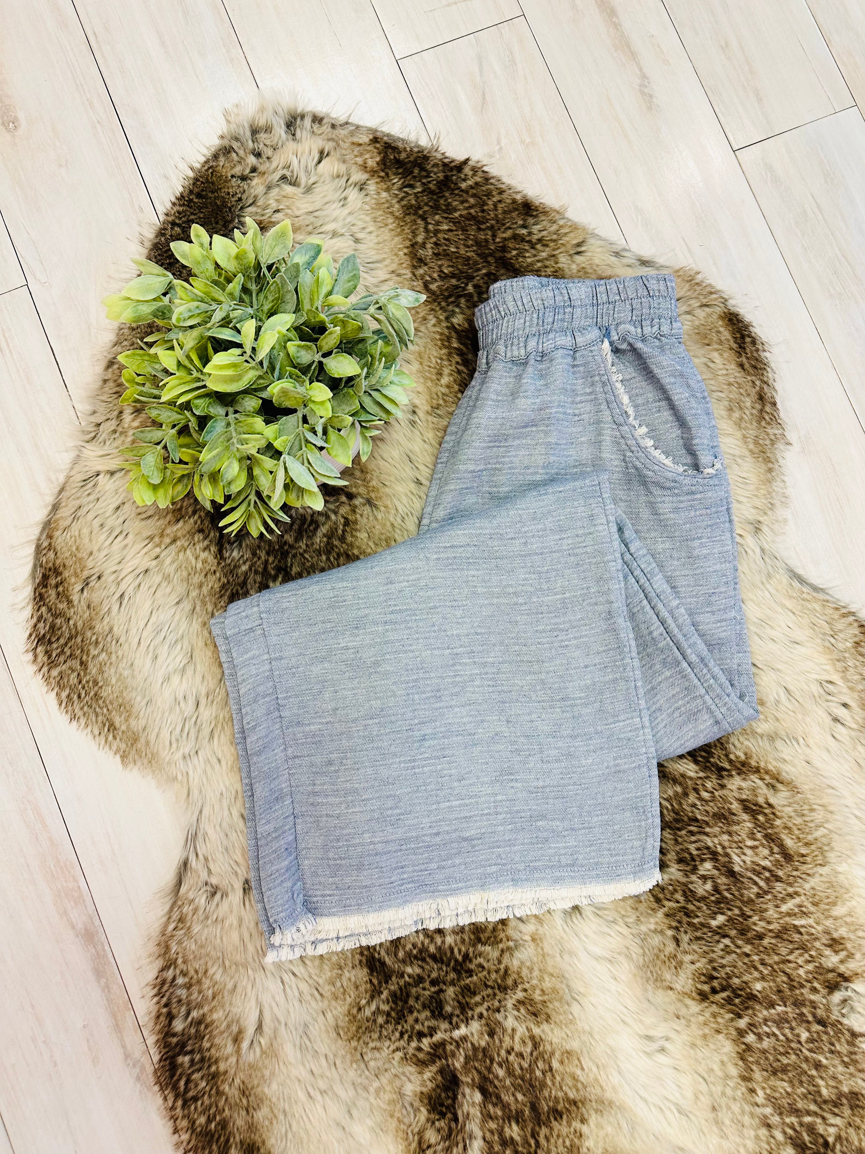 Women’s Umgee Light Blue Wide Leg Pants with Frayed Hem- Loose Fit