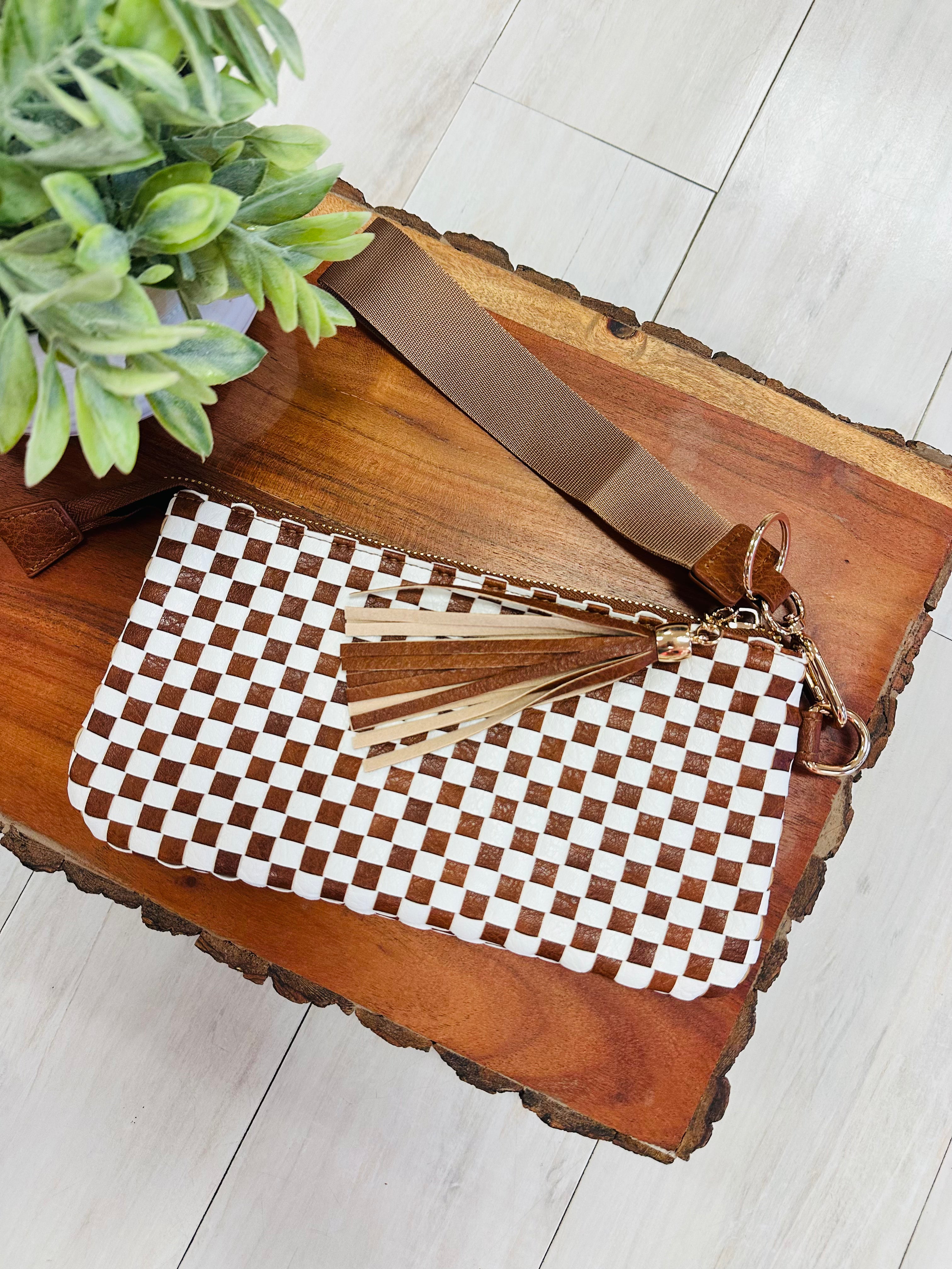 Brown & White Checkered Wristlet