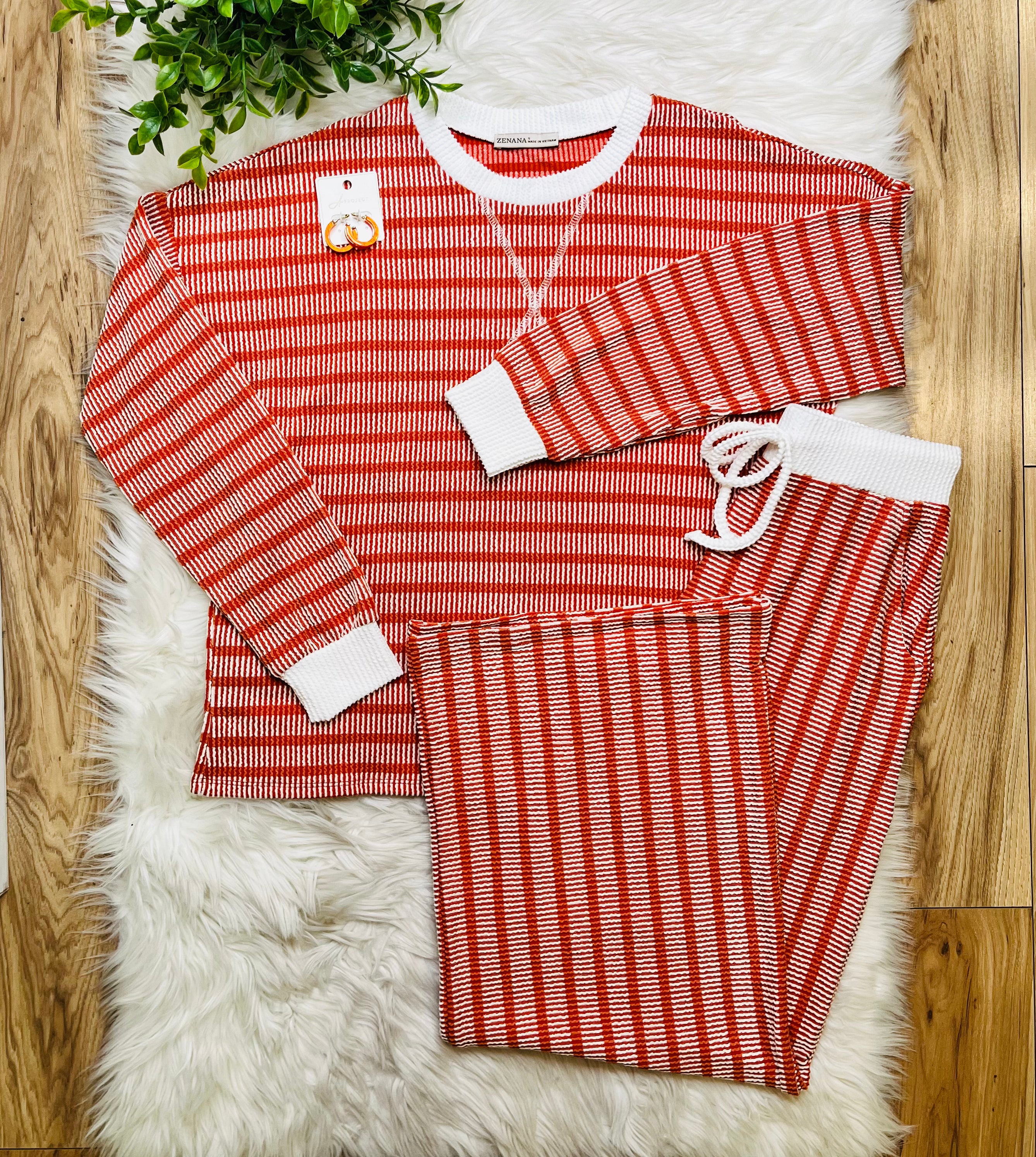 Women’s Zenana Burnt Orange Striped Ribbed Set