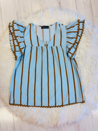 Blue Stripe Evermmee Ruffle Sleeve Top With RicRac Trim