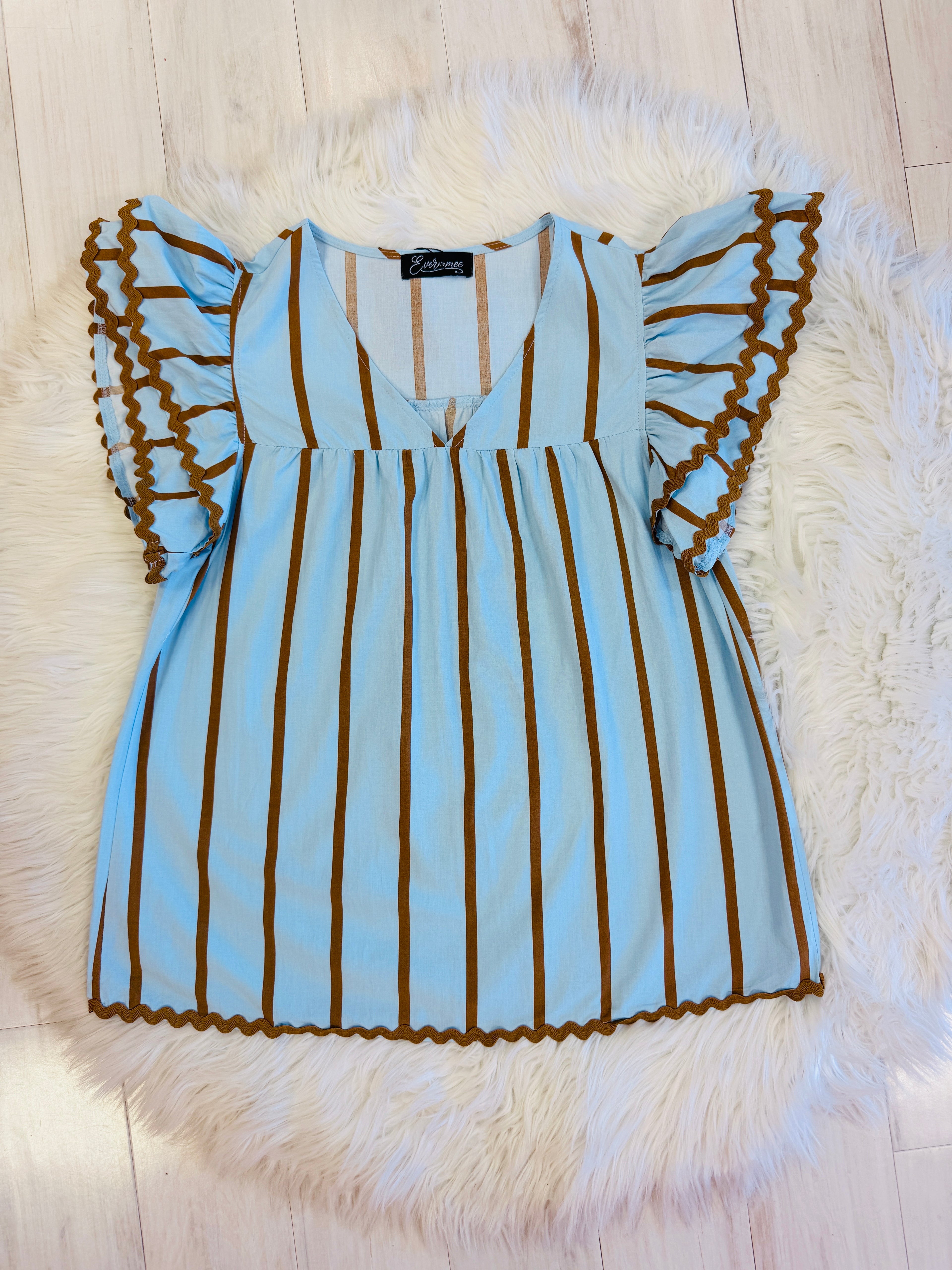 Blue Stripe Evermmee Ruffle Sleeve Top With RicRac Trim