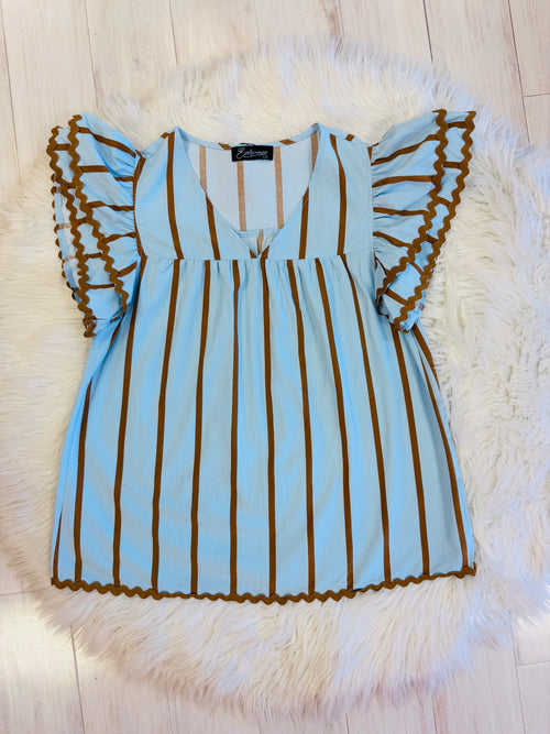 Blue Stripe Evermmee Ruffle Sleeve Top With RicRac Trim