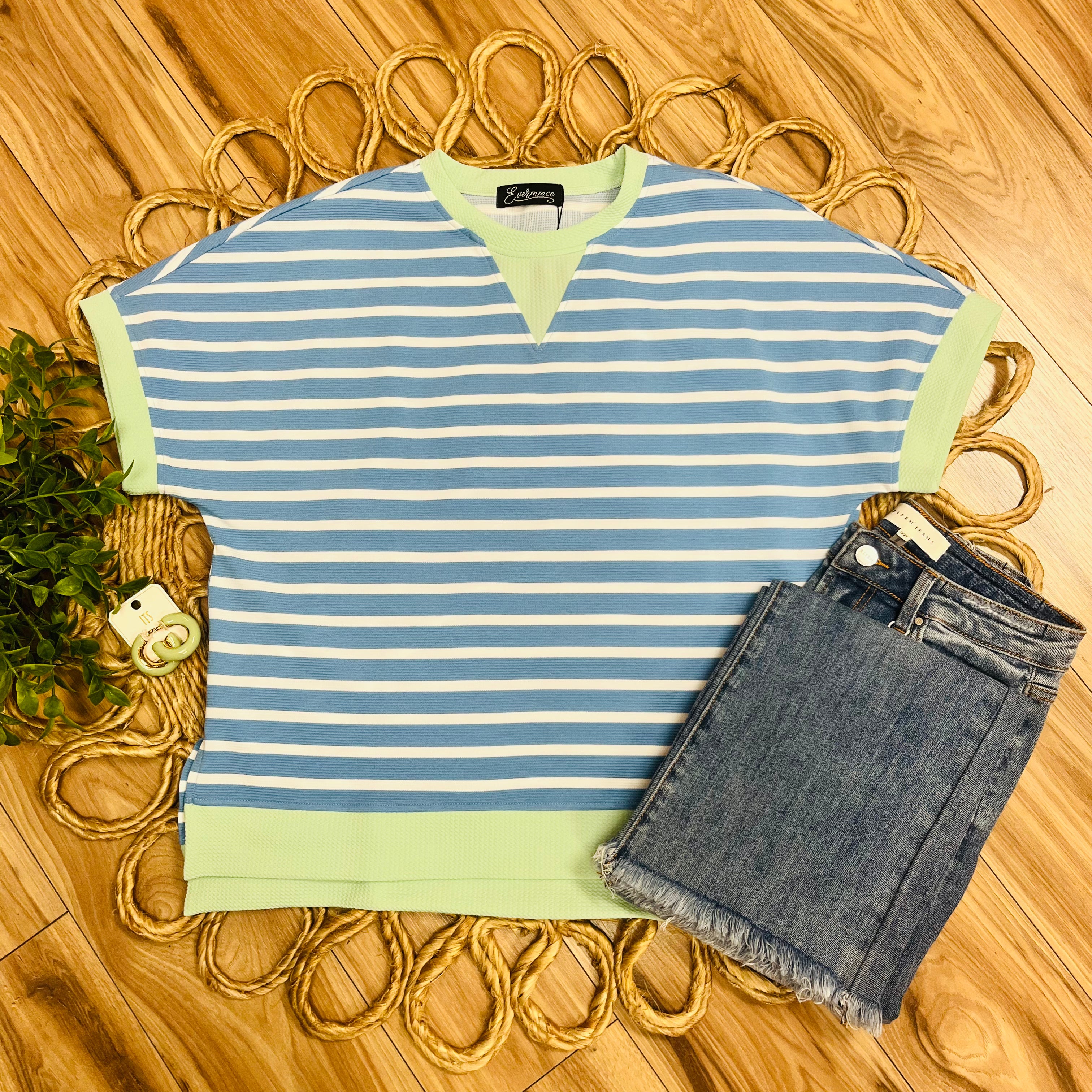 Women’s Evermmee Blue Top with White Stripes and Light Green Trim