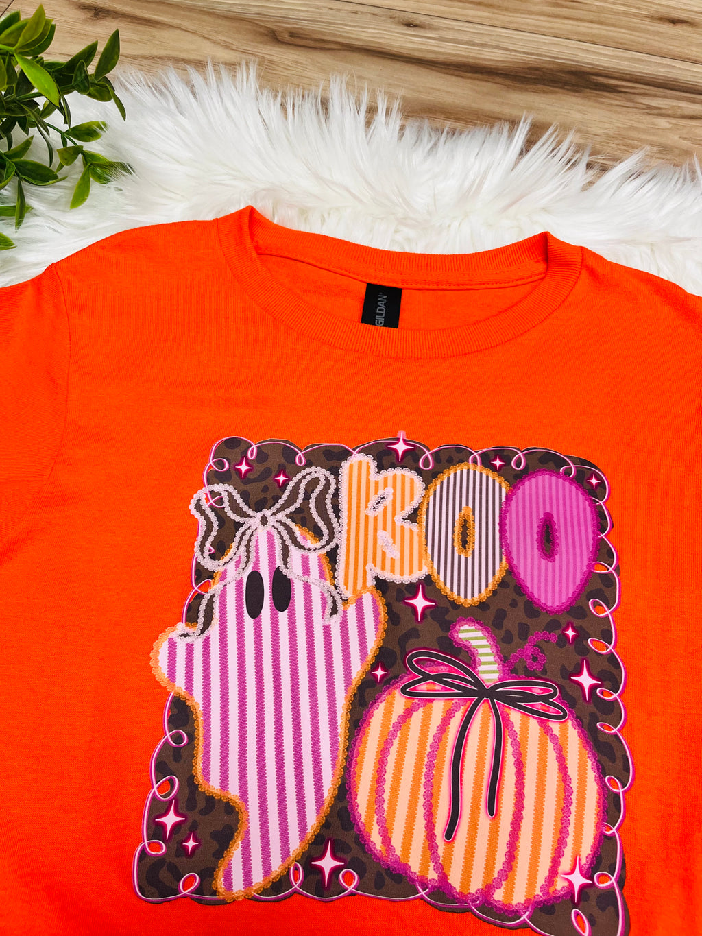Girl’s Orange BOO Striped Halloween Tee
