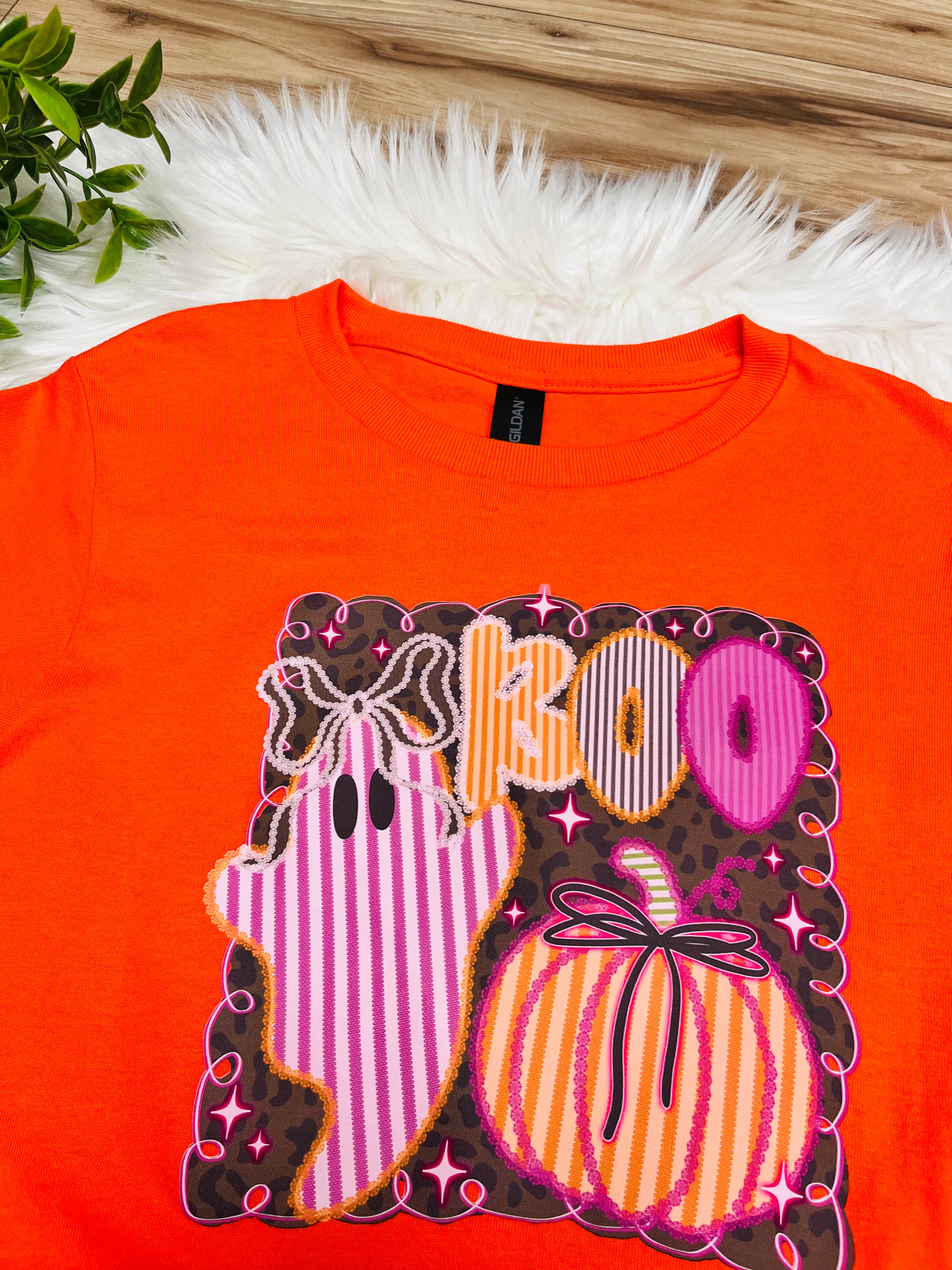 Girl’s Orange BOO Striped Halloween Tee