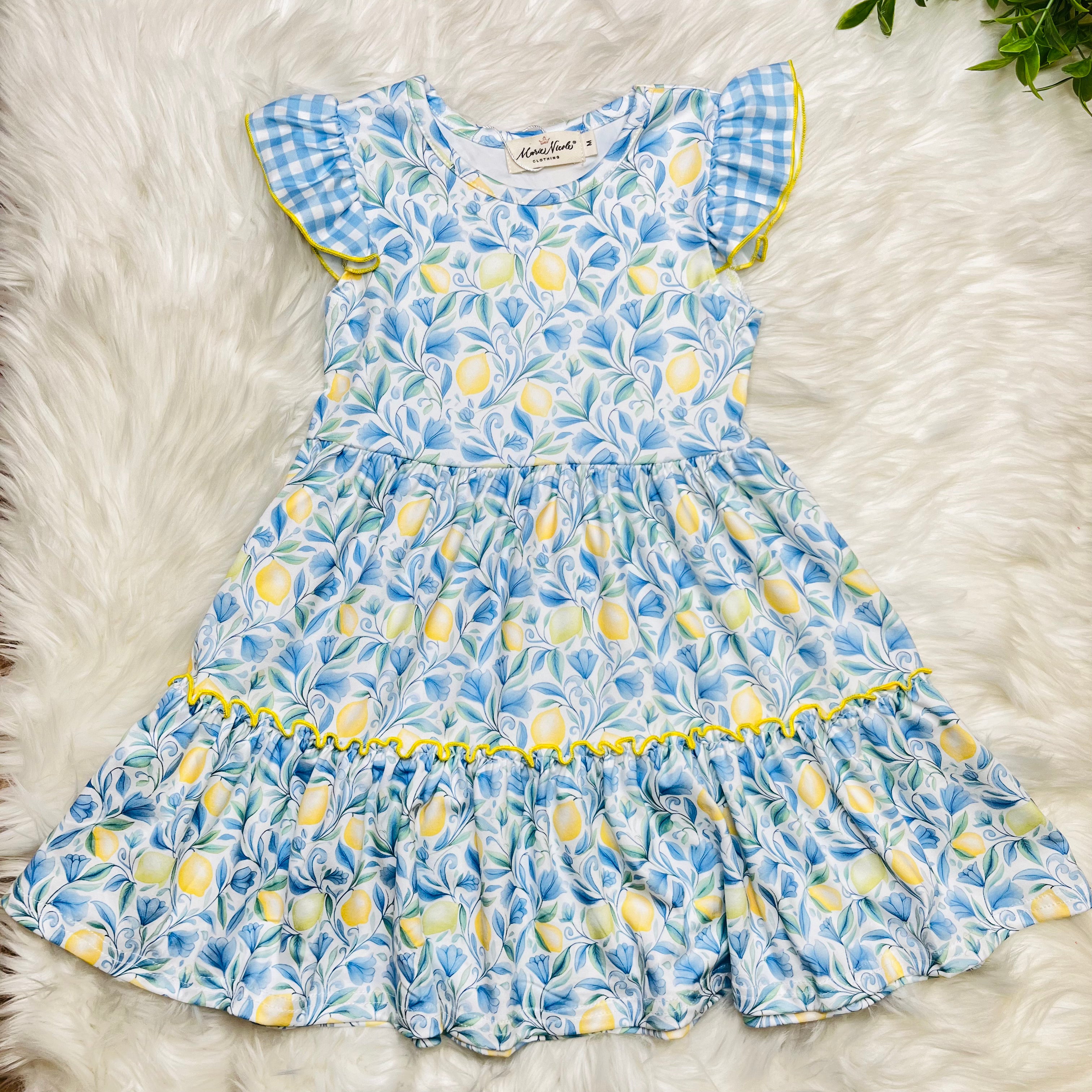Girls Sunny Lemon Gingham Ruffle Dress