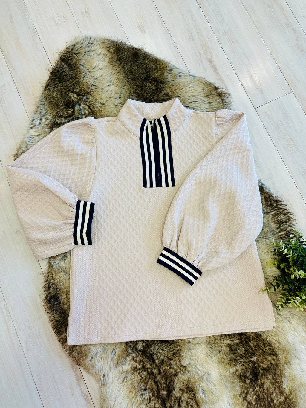 Women’s Beige Textured Quarter Zip Long Sleeve Top by Jodifl- True to Size