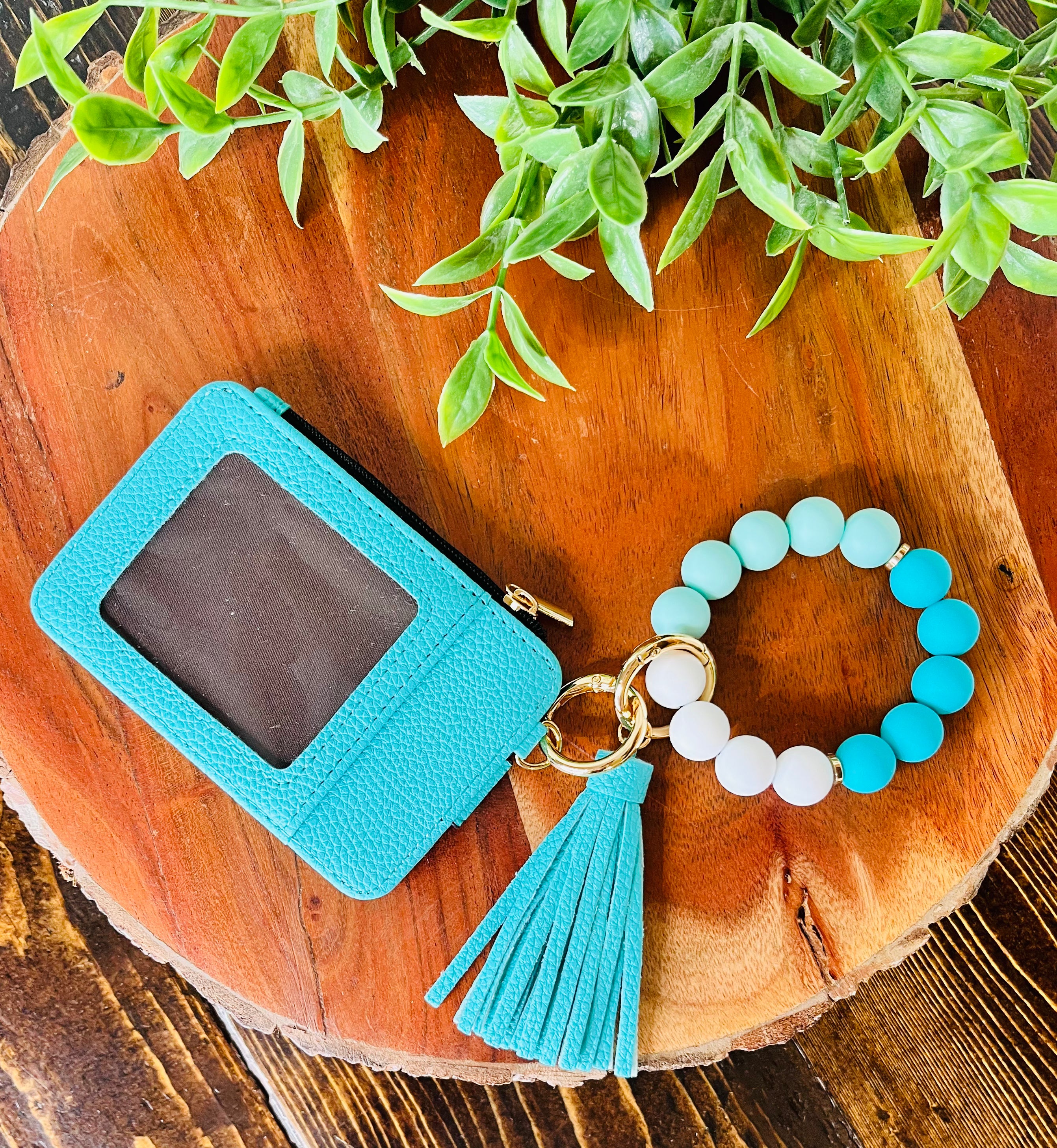 Wristlet ID Badge Zipper Pouch Keychain Turquoise