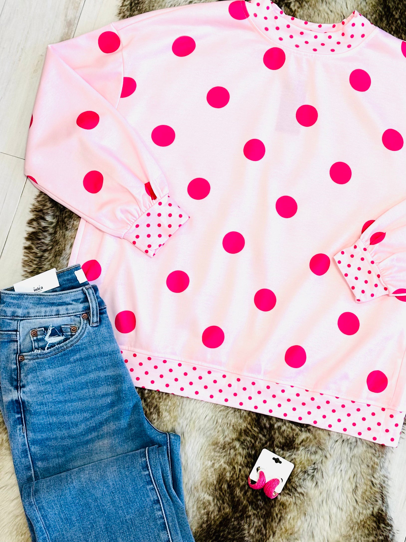 Women’s Pink Mock-neck Polkadot Crewneck