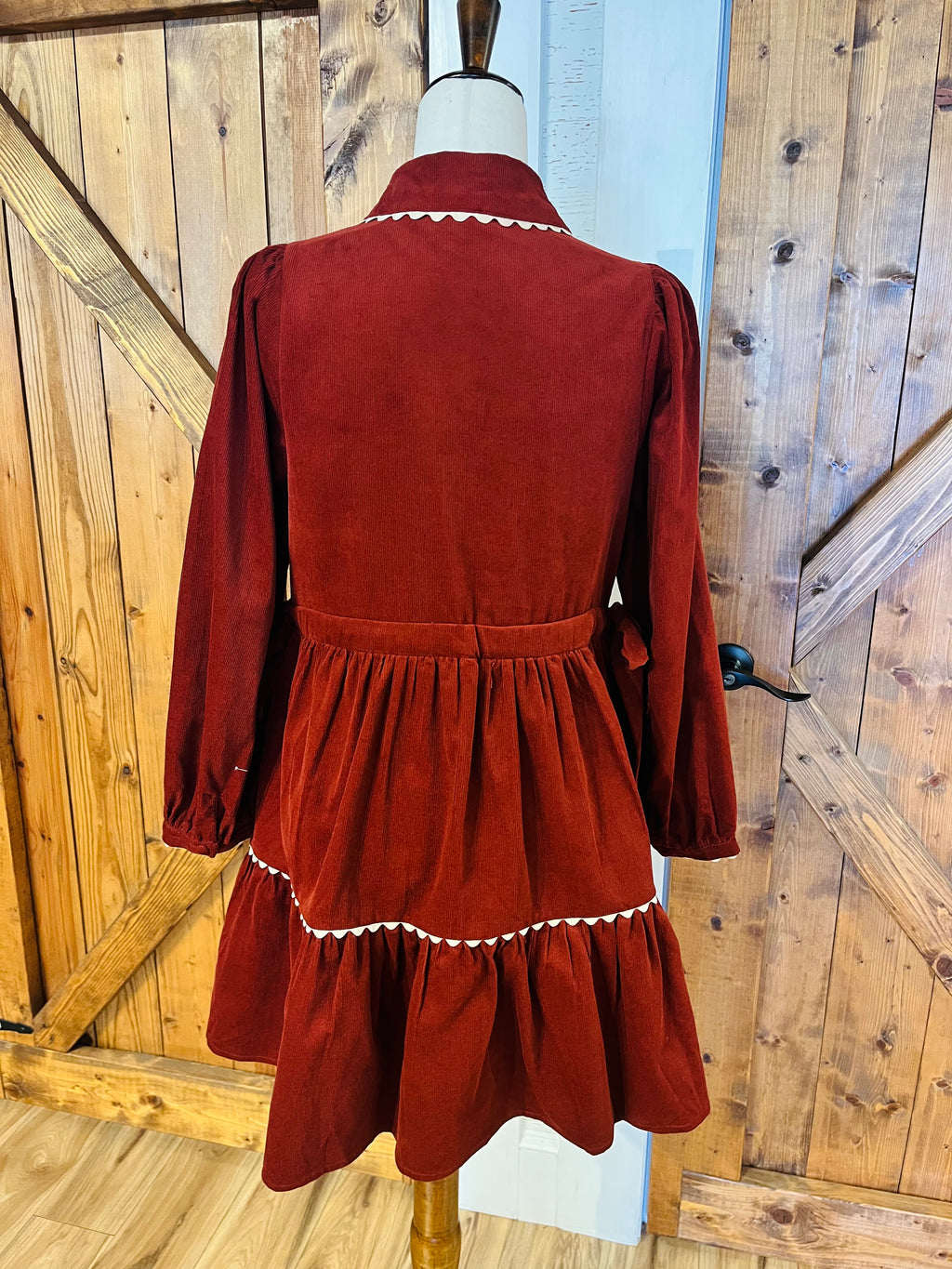 Women’s Jodifl Burgundy Button Down Long Sleeve Corduroy Dress with Scalloped Trim- True to Size