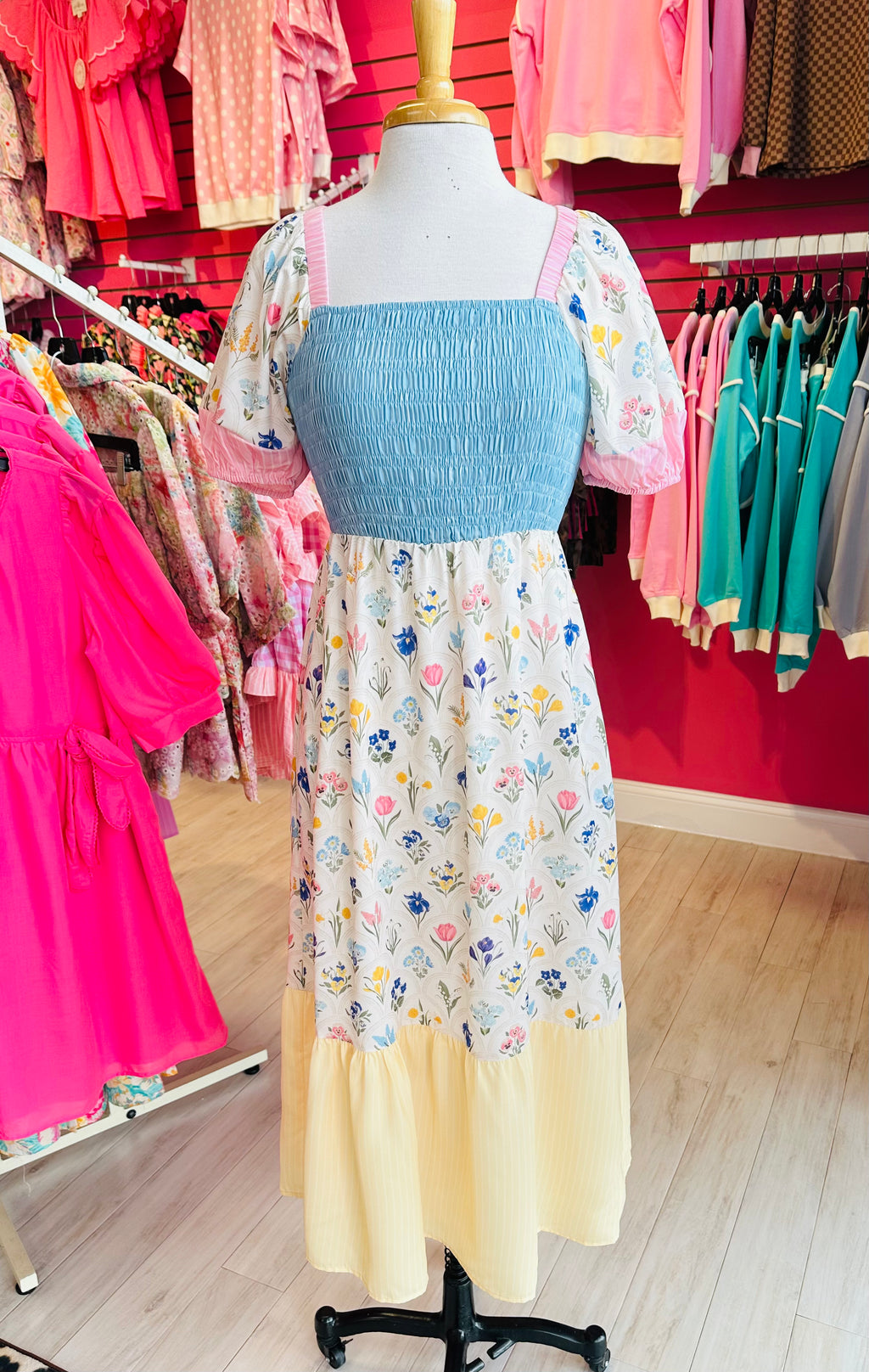 Women’s Pink and Yellow Smocked Floral Print Dress