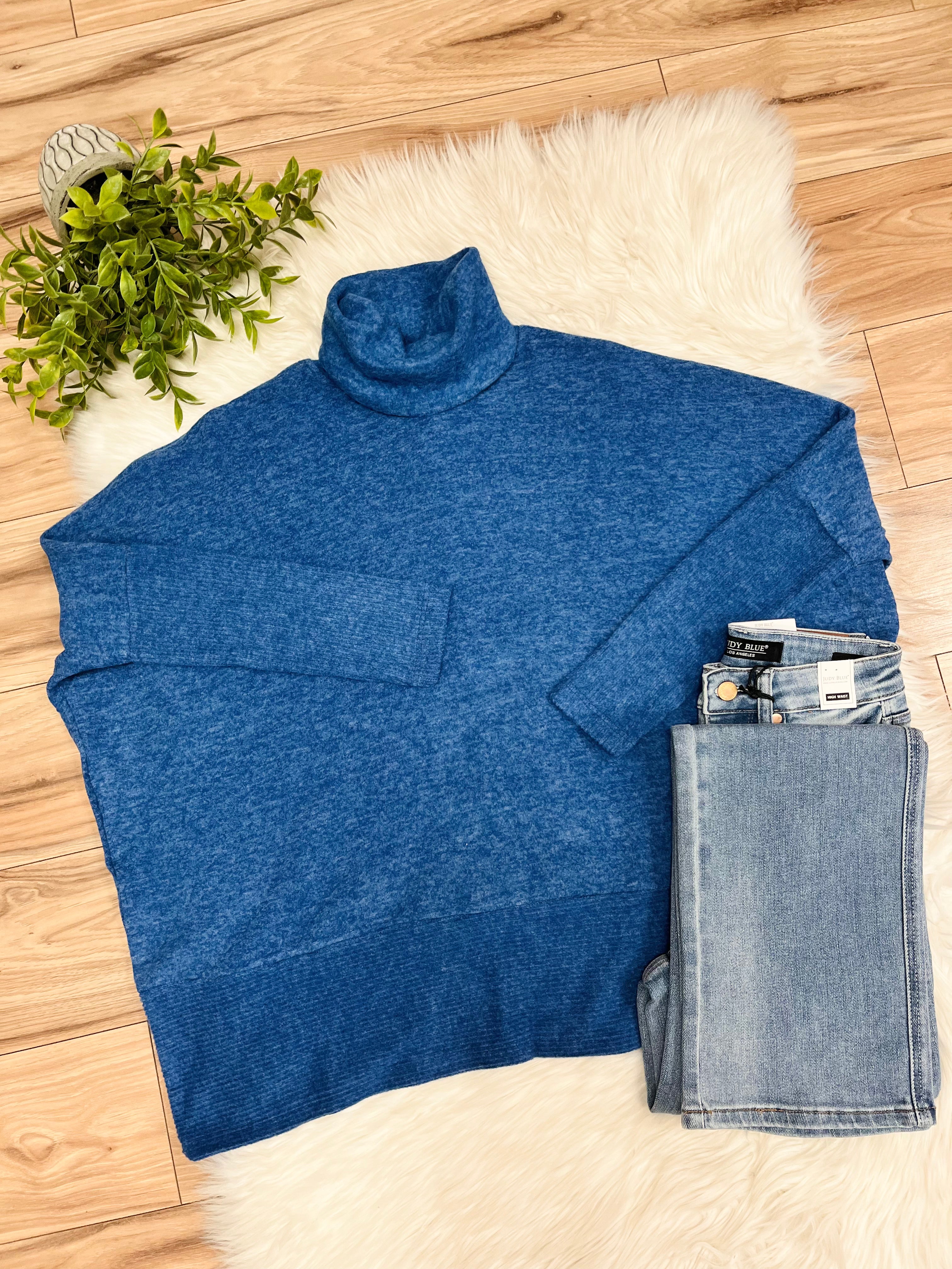 Women’s Zenana Blue Oversized Turtle Neck Sweater Top