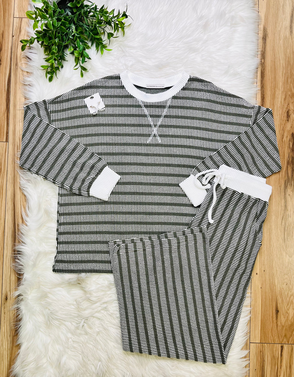 Women’s Zenana Olive Striped Ribbed Pant Set