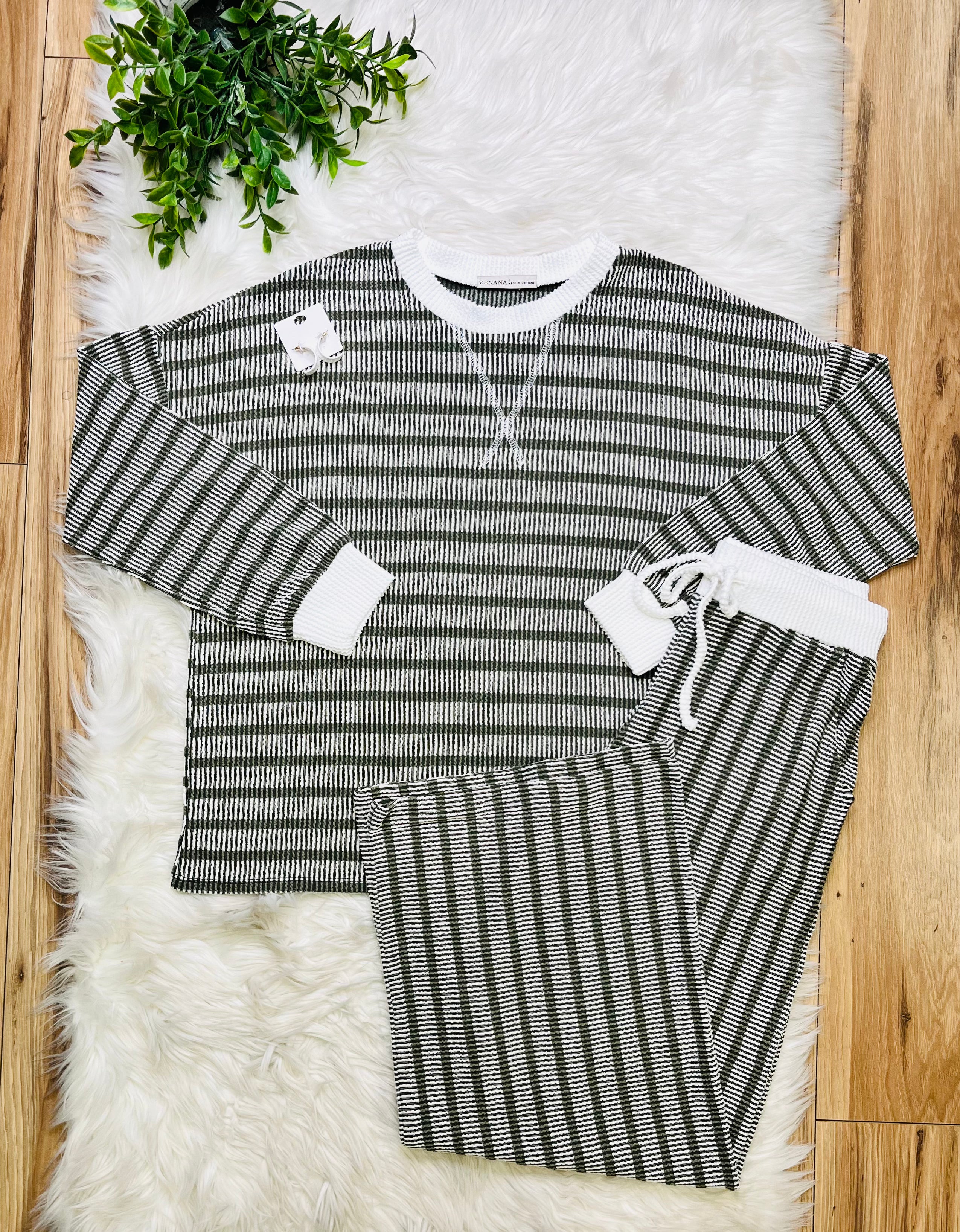Women’s Zenana Olive Striped Ribbed Pant Set
