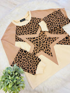 Women’s Evermmee Star Patch Leopard Long Sleeve Top- Loose Fit