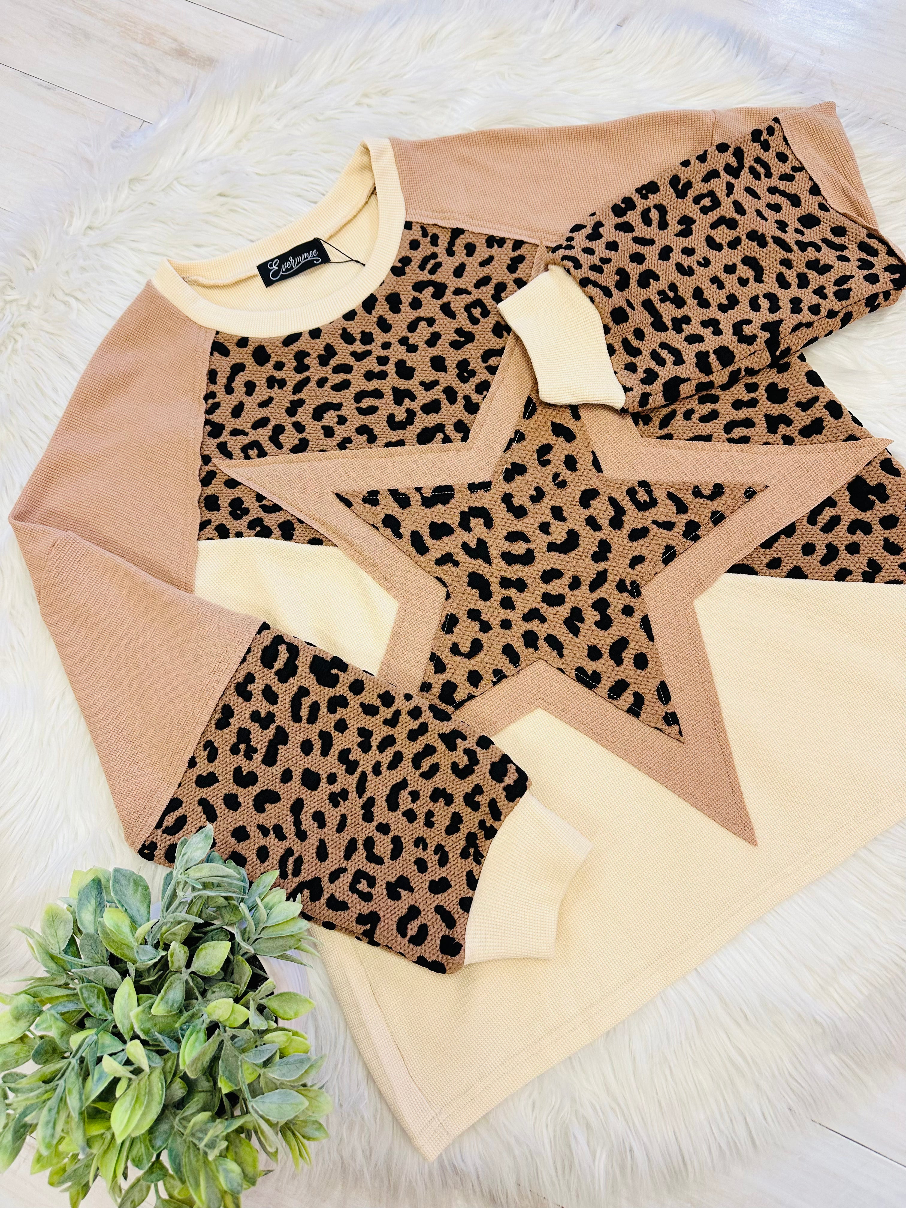 Women’s Evermmee Star Patch Leopard Long Sleeve Top- Loose Fit