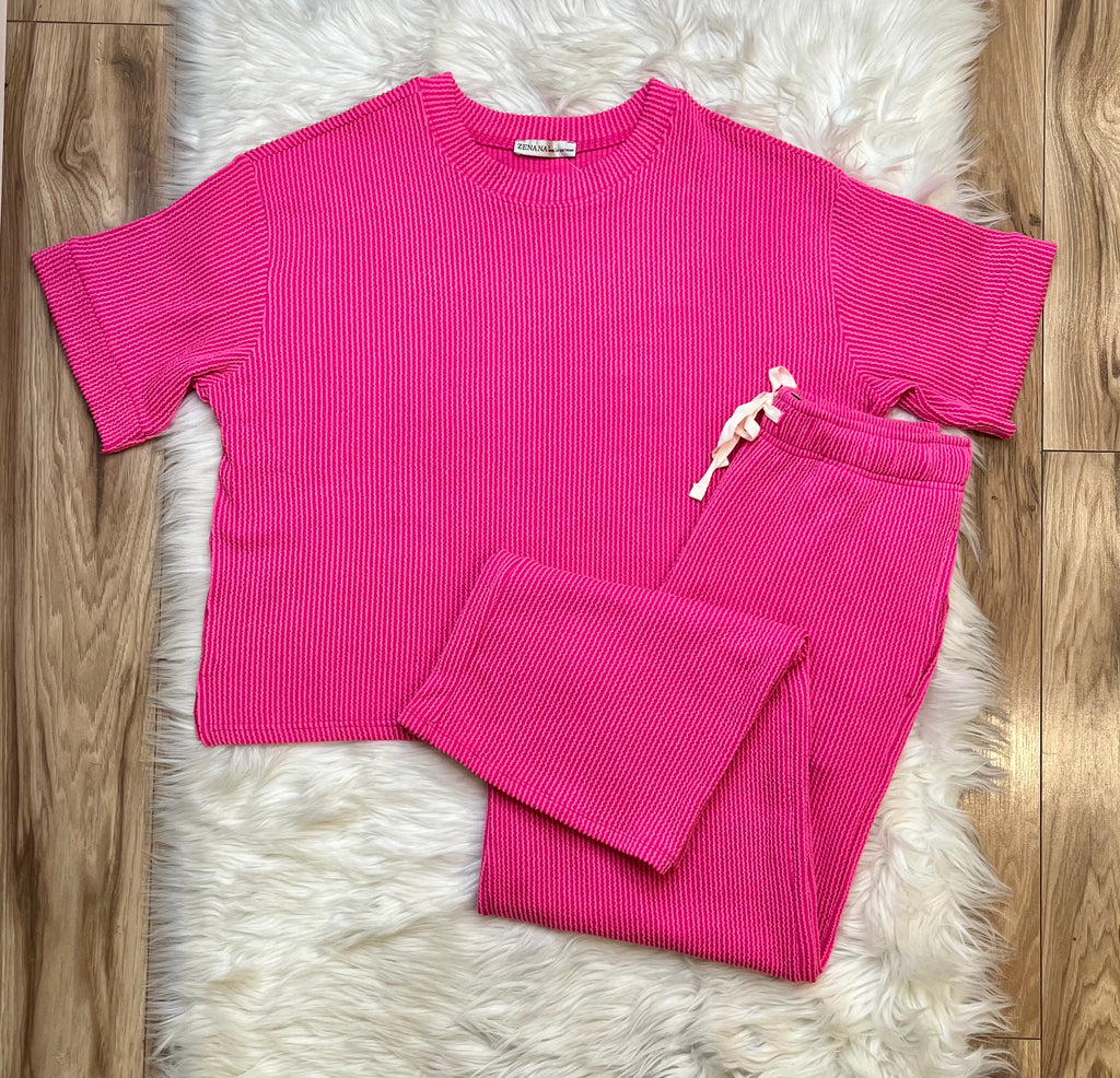 Women’s Ribbed Short Sleeve Drawstring Pants Set Hot Pink