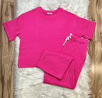 Women’s Ribbed Short Sleeve Drawstring Pants Set Hot Pink
