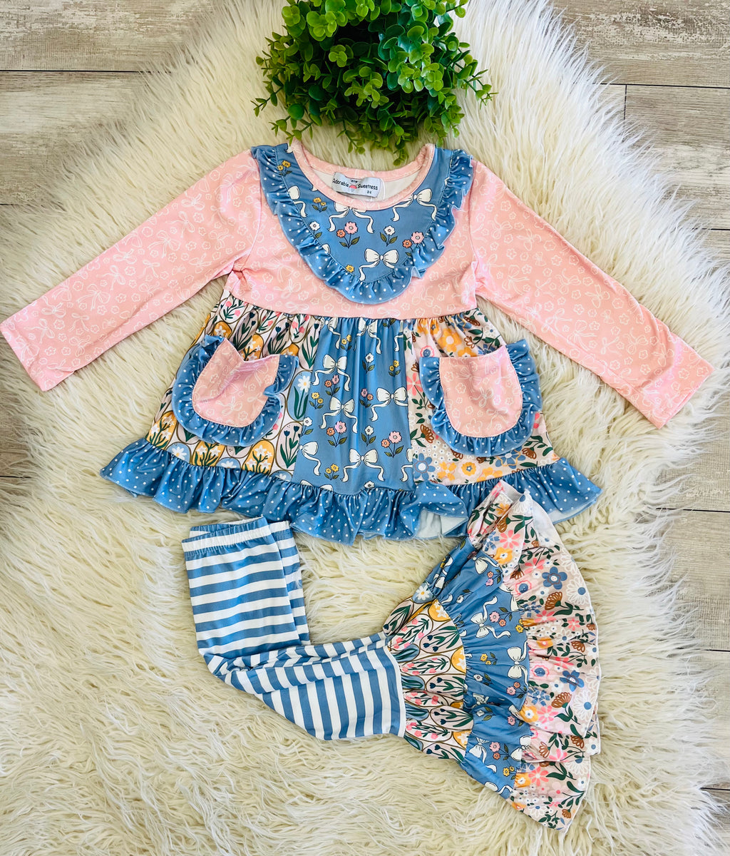 Girl’s Pink & Blue Floral Bow Outfit
