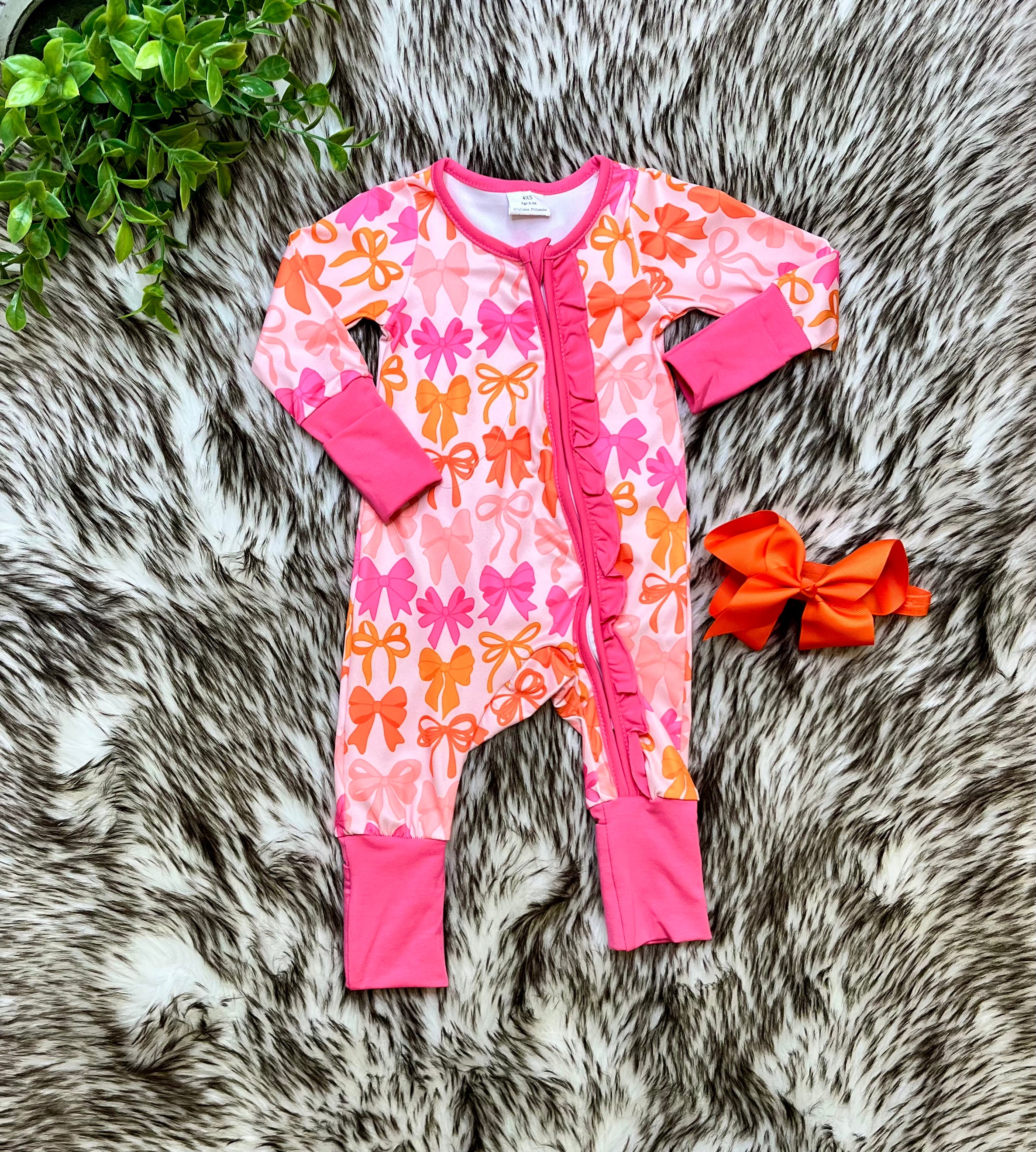 Girl’s Bright Orange and Pink Bow Zipper Sleeper