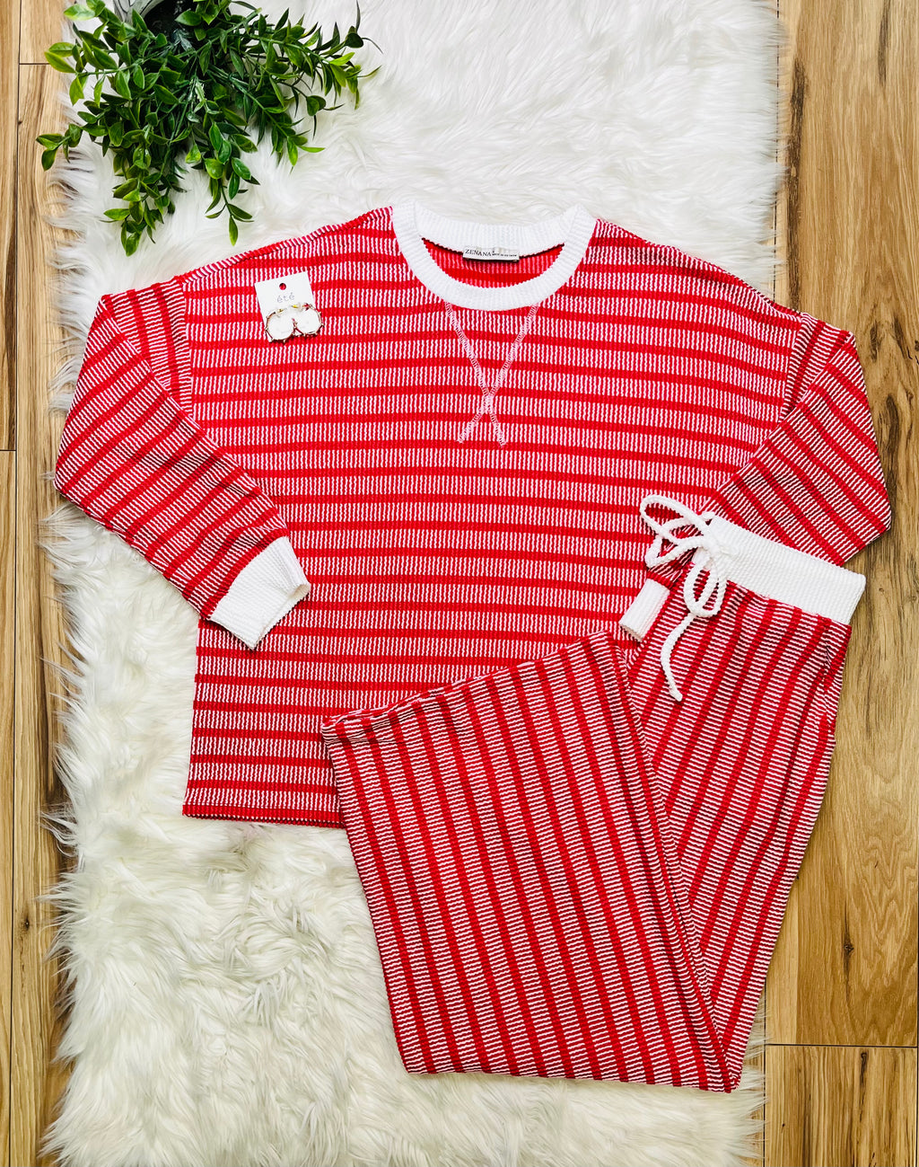 Women’s Zenana Red Striped Ribbed Pant Set