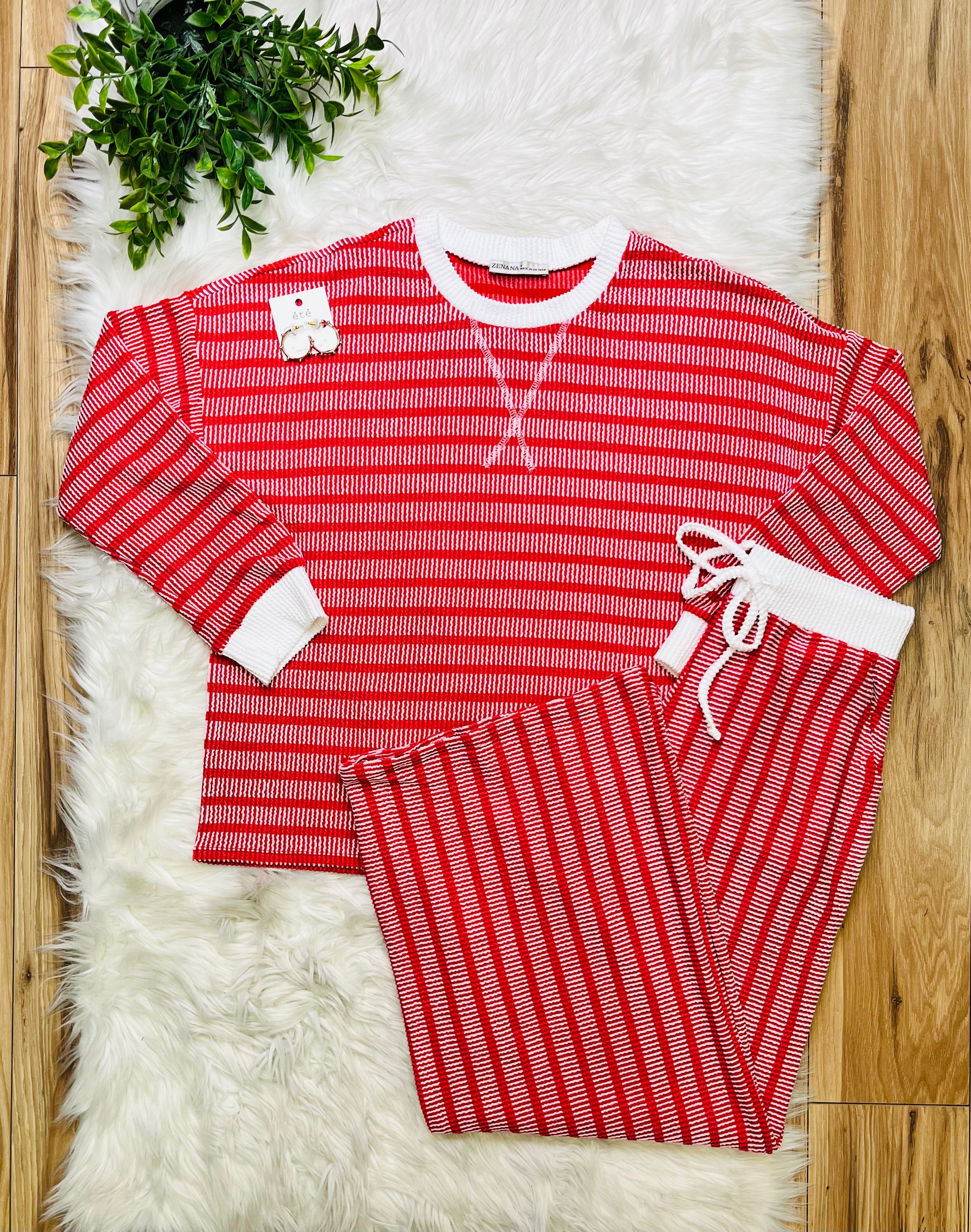 Women’s Zenana Red Striped Ribbed Pant Set