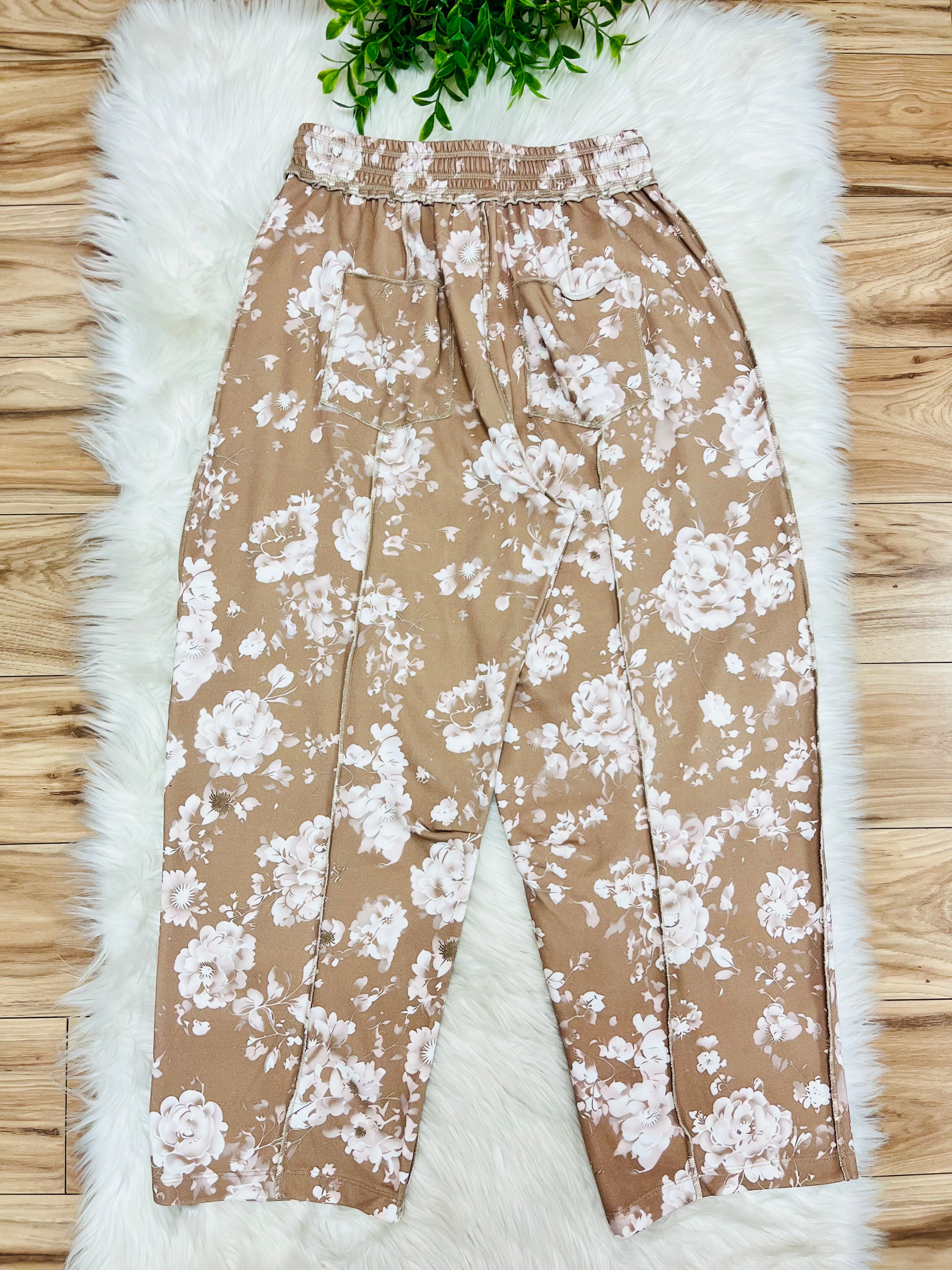 Women’s Anniewear Latte Rose Print Barrel Knit Pants- True to Size