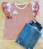 Women’s Red and White Ruffle Sleeve Top