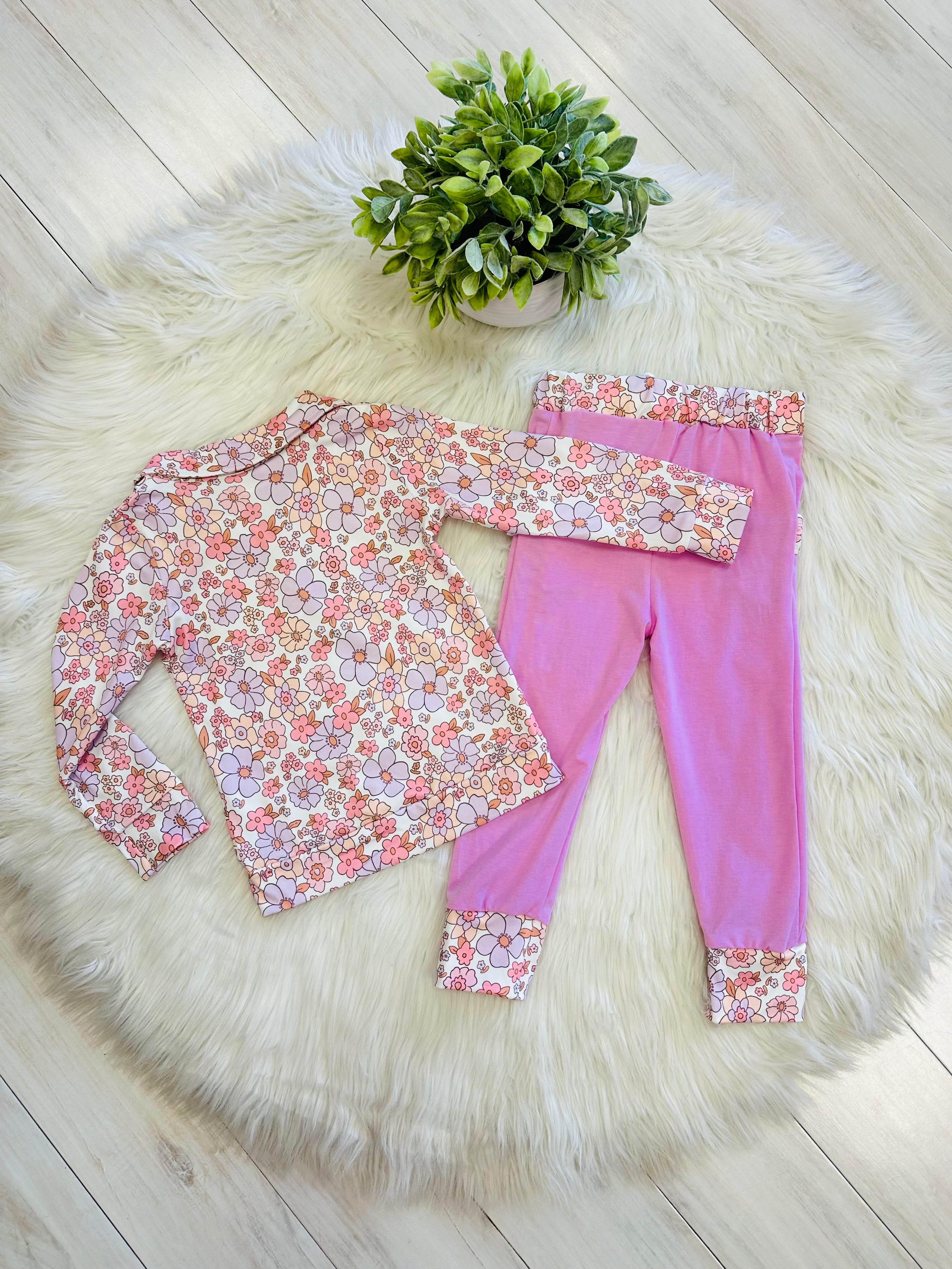 Girl’s Pink and Purple Floral Half Zip Pant Set