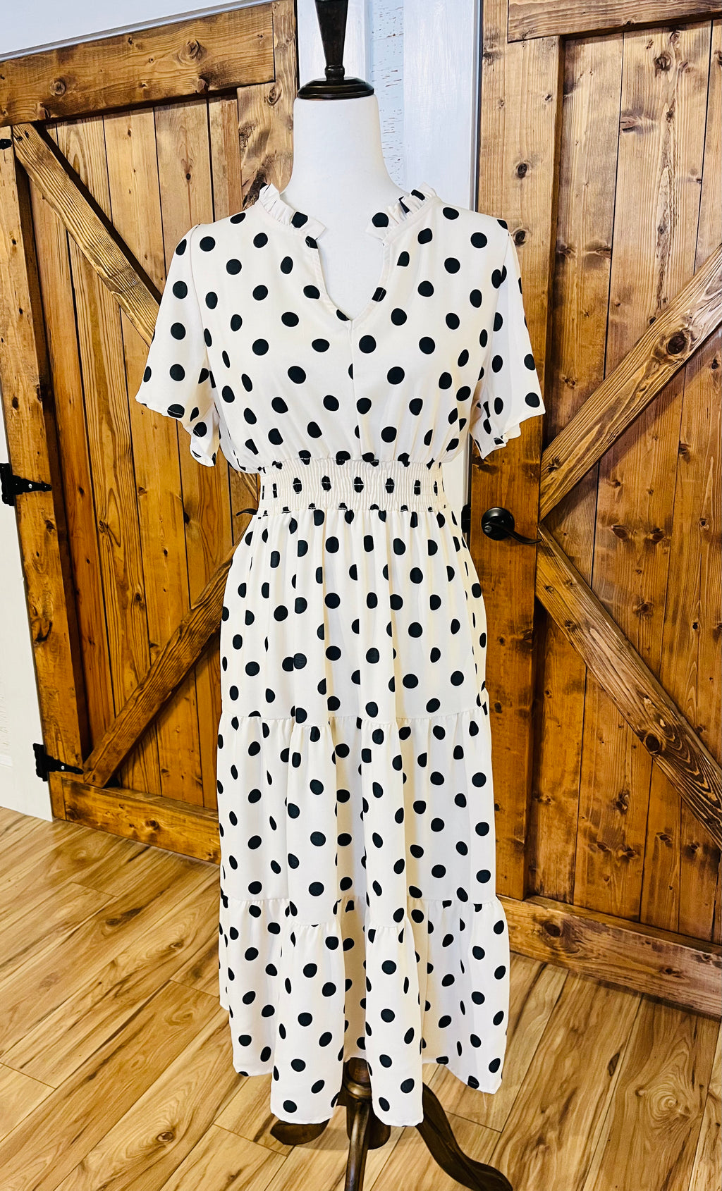 Women’s Haptics Regular and Curvy Ivory Dress with Black Polka Dots and Smocked Waist