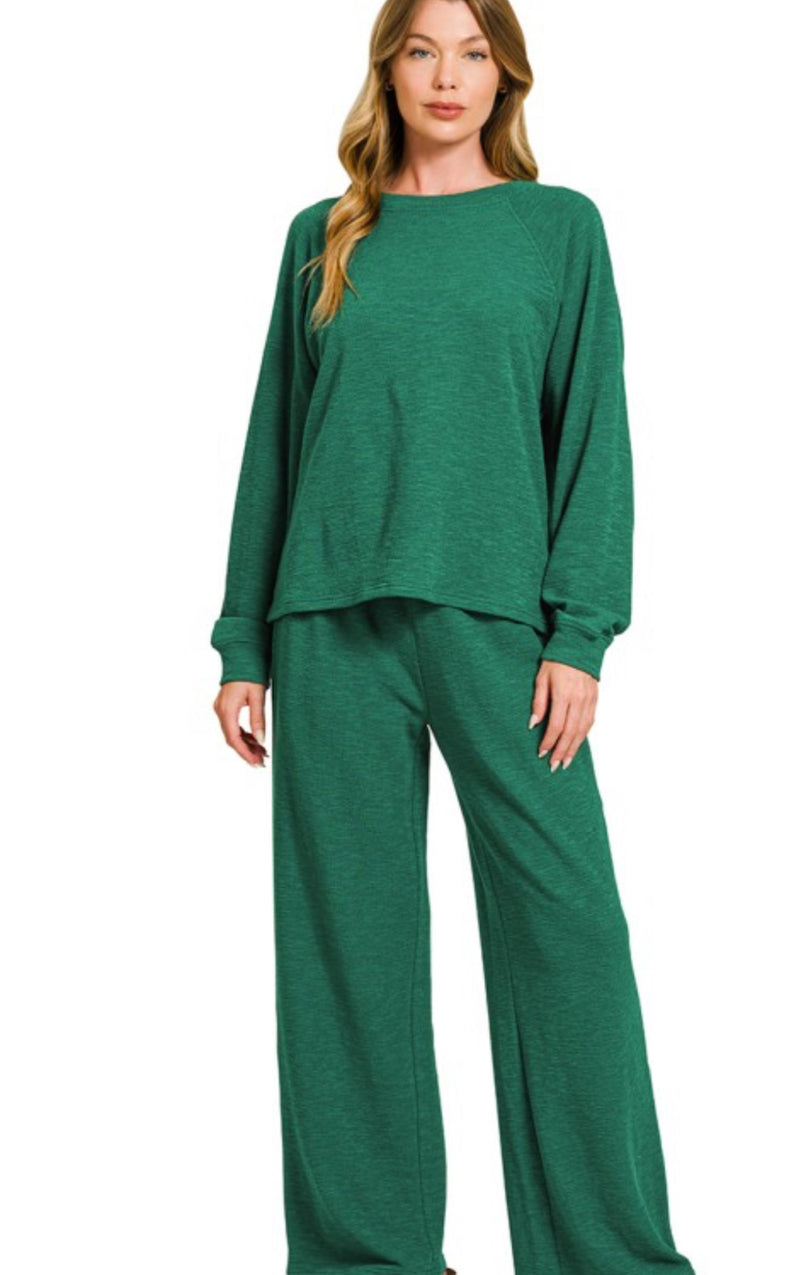 Zenana Long Sleeve Lounge Set Hunter Green