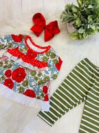 Girl’s Red and Green Floral Stripe Pant Set
