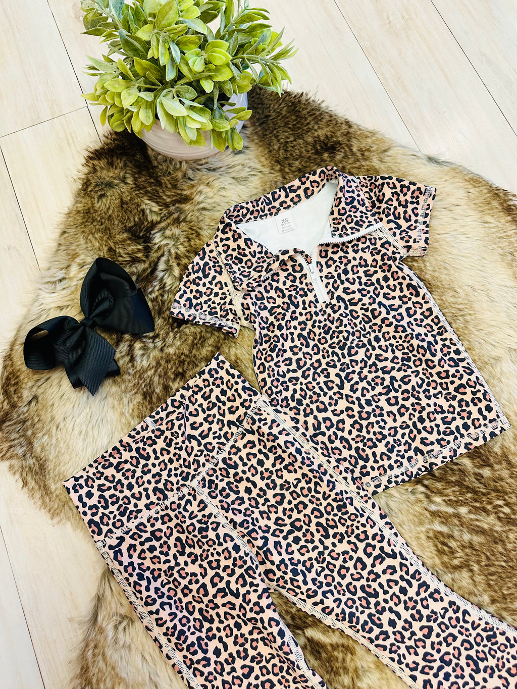 Girl’s Quarter Zip Cheetah Print Flare Pant Outfit