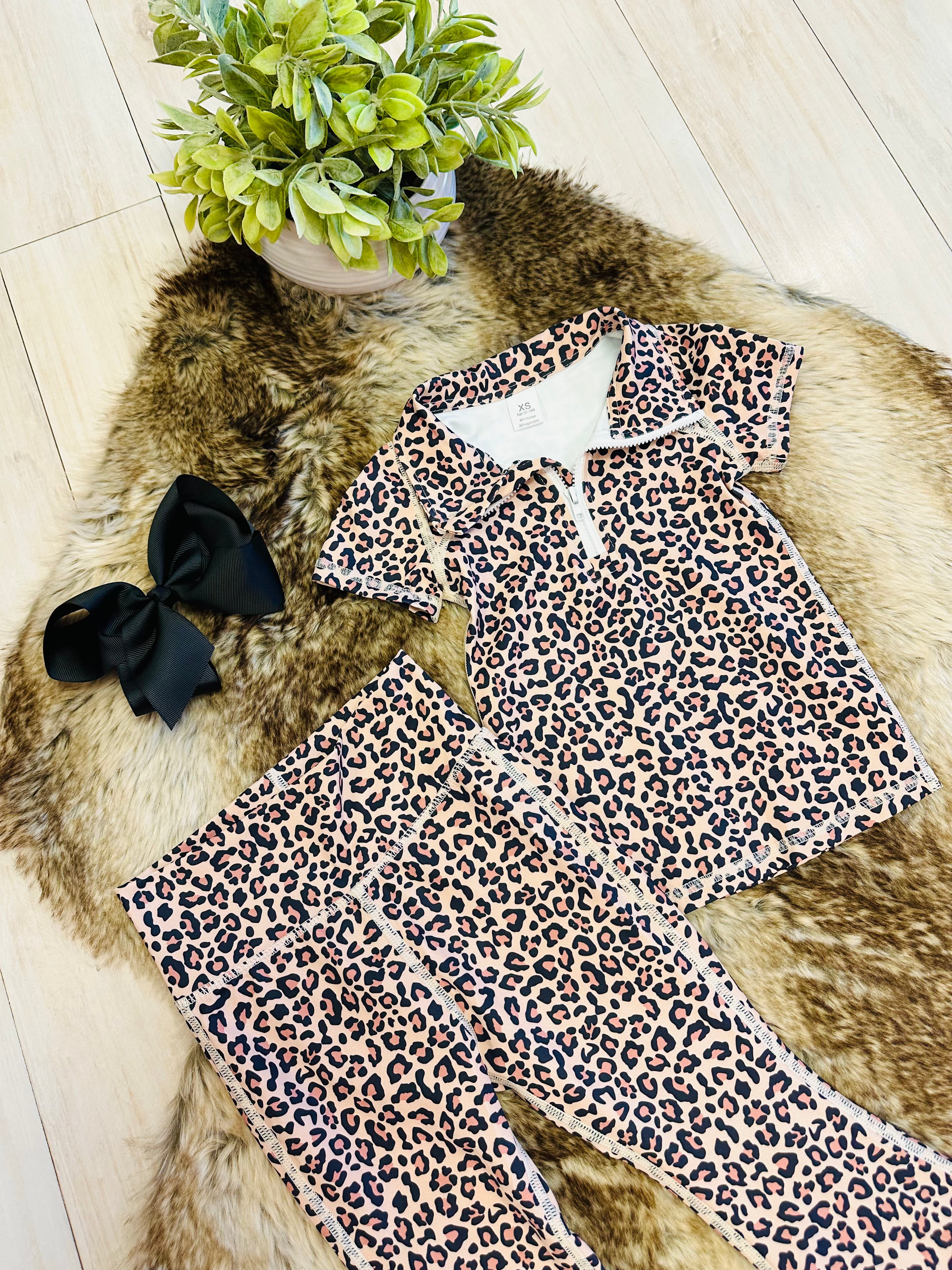 Girl’s Quarter Zip Cheetah Print Flare Pant Outfit