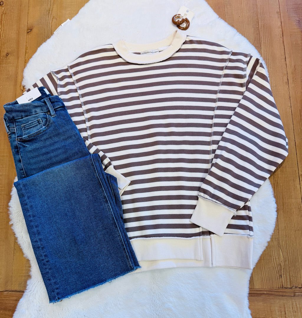 Women’s Zenana Mocha Stripe Pullover with side slits