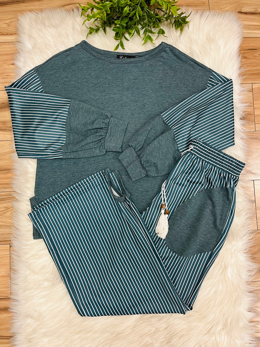 Women’s Evermmee Dark Teal Stripe Pant Set- True to Size