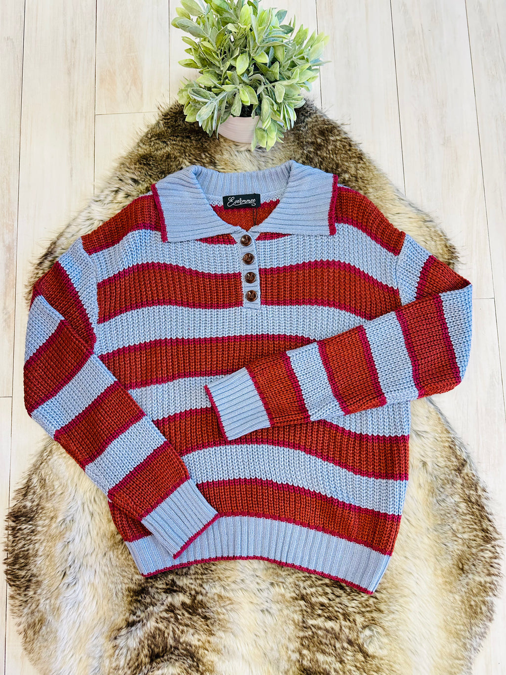 Women’s Evermmee Burnt Orange Stripe Sweater Top with Collar- True to Size