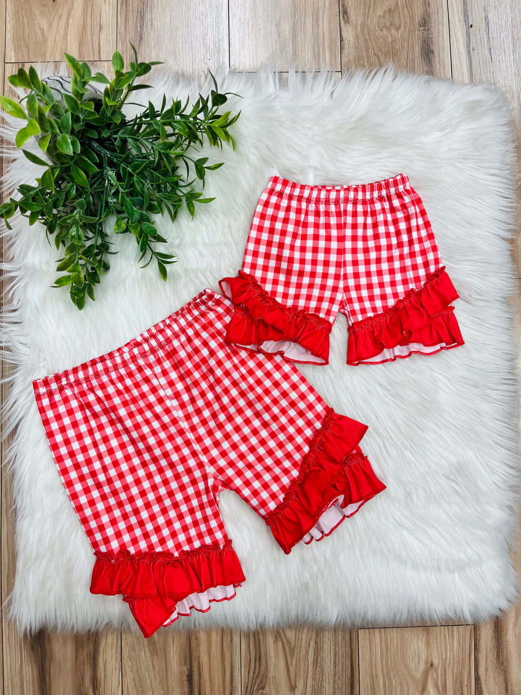 Girl’s Red Gingham Print Shorts with Ruffles