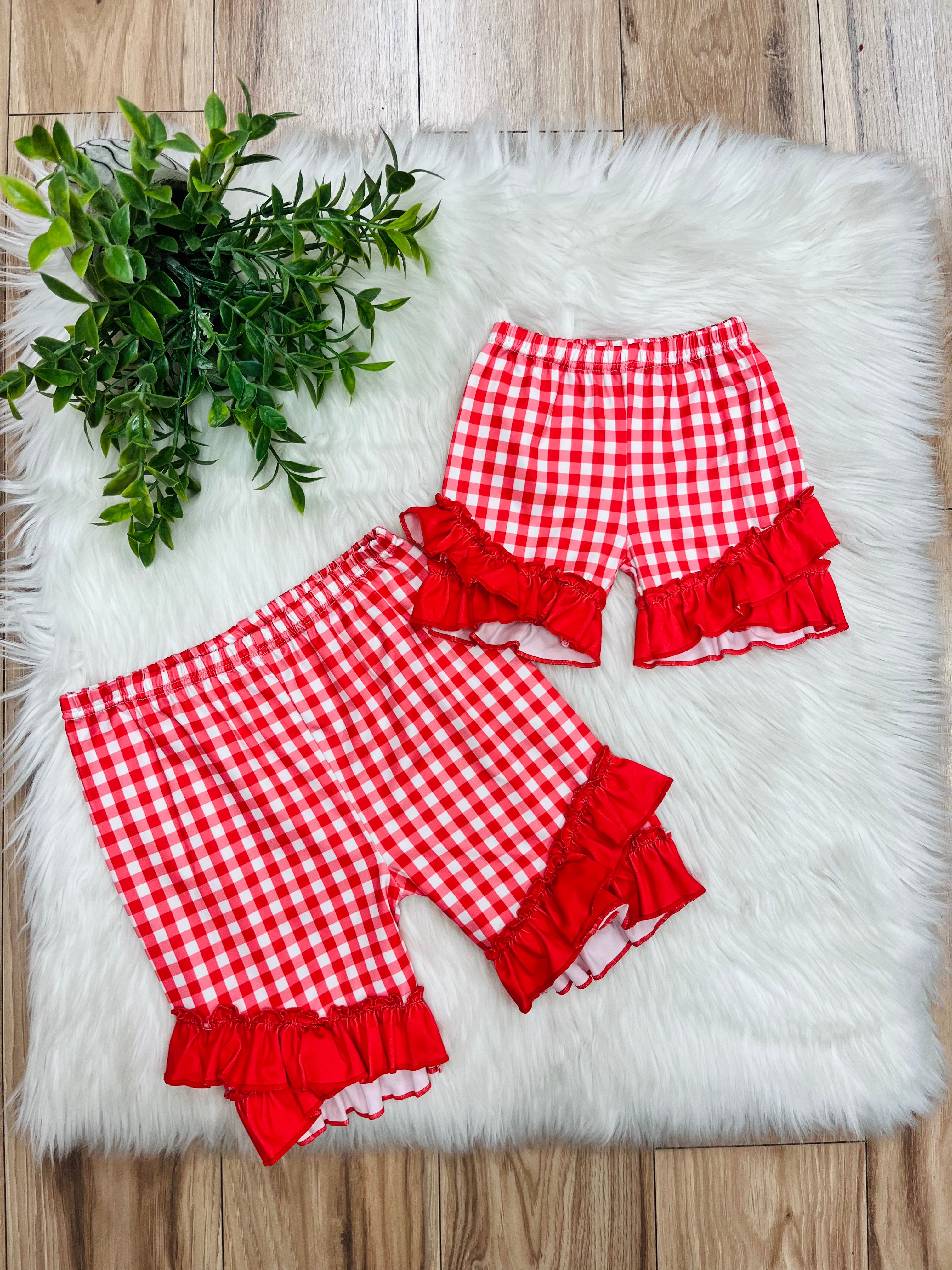 Girl’s Red Gingham Print Shorts with Ruffles