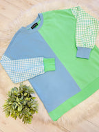 Women’s Evermmee Green & Blue Color Block Top with Gingham Print Sleeves- True to Size