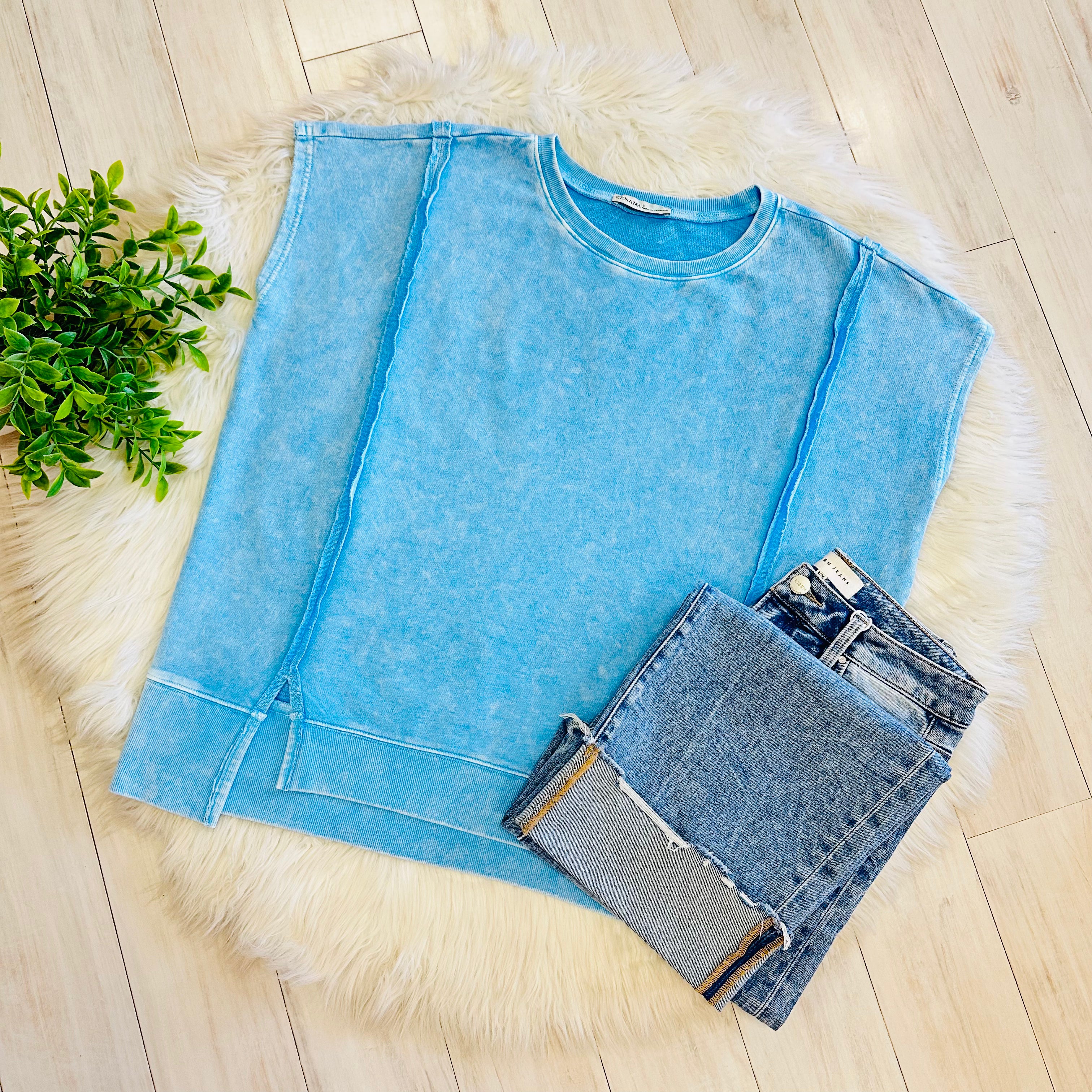 Women’s Sky Blue Zenana Sleeveless Acid Wash Top with Slits