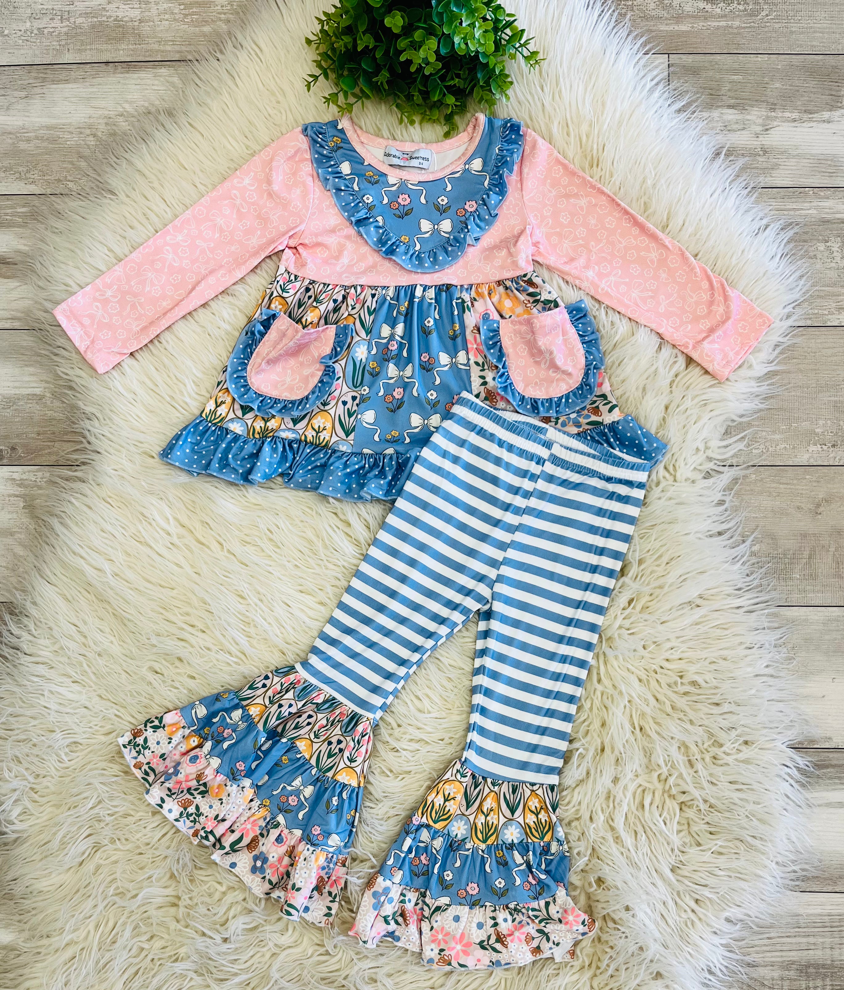 Girl’s Pink & Blue Floral Bow Outfit