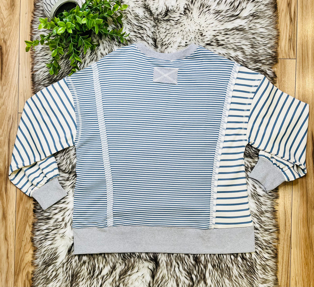 Women’s Very J Denim Blue and Cream Stripe Patch Top