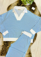 Women’s Zenana White & Light Blue Long Sleeve Stripped Set