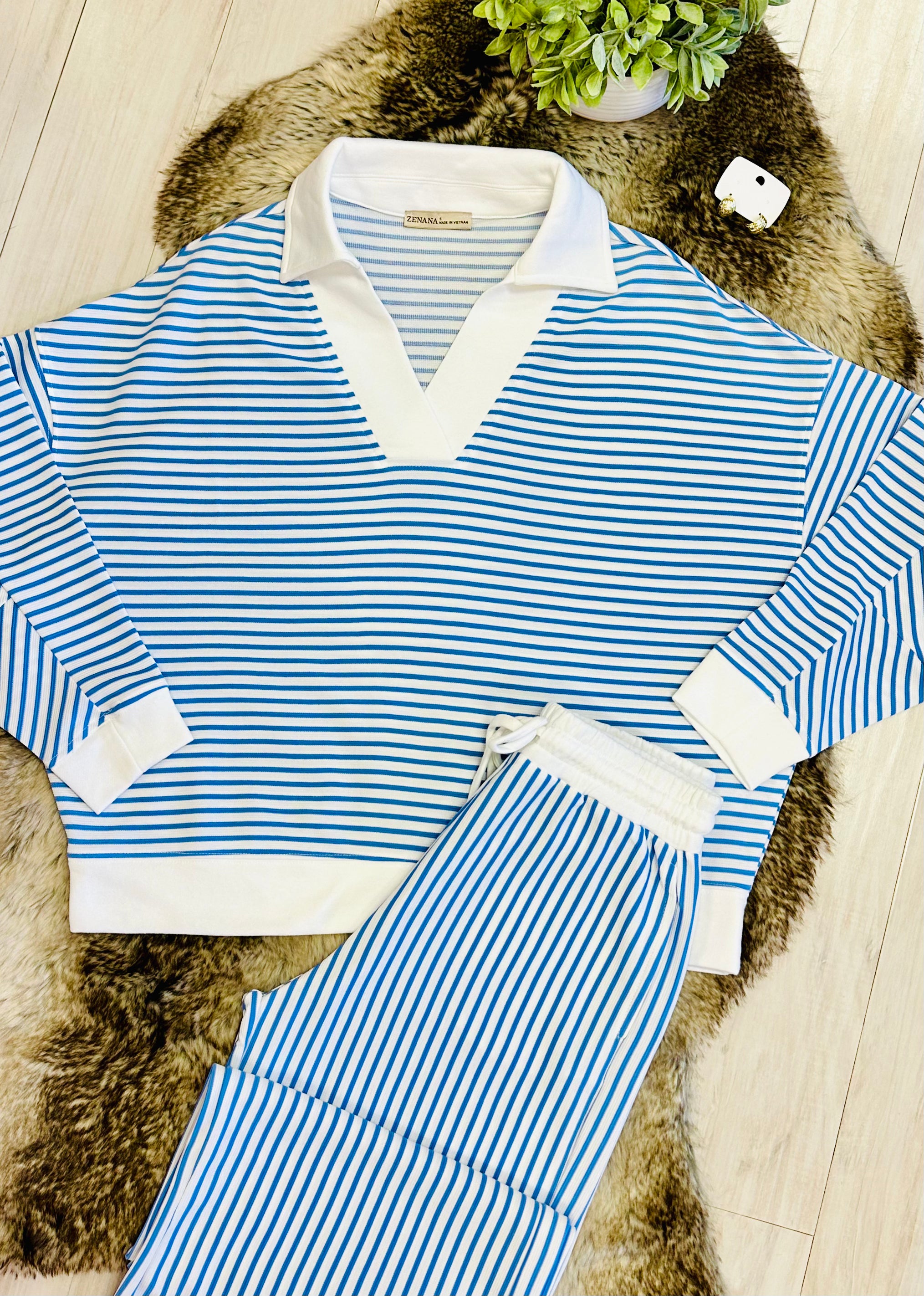 Women’s Zenana White & Light Blue Long Sleeve Stripped Set