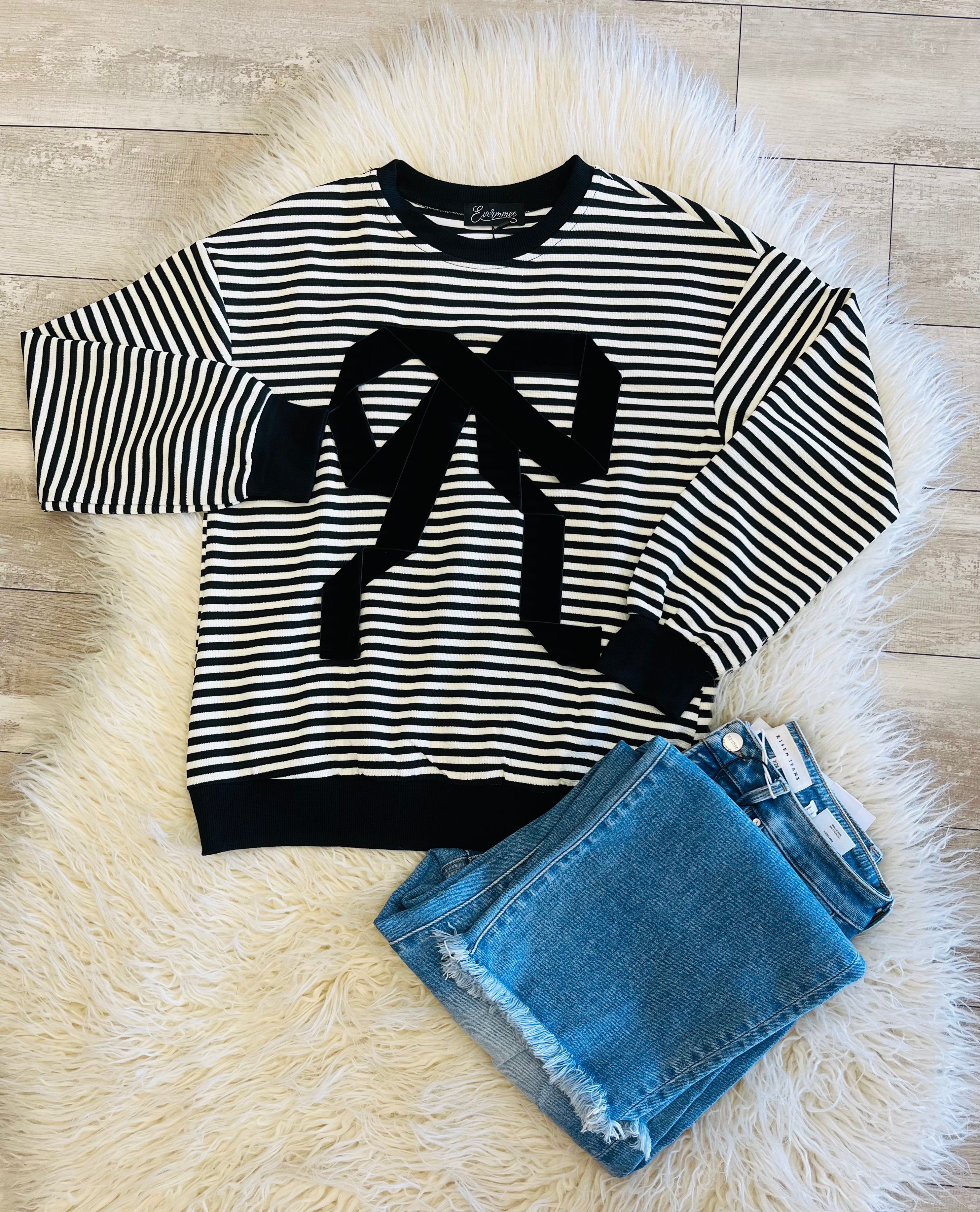 Women’s Evermmee Classy Bow Stripped long sleeve Blouse - True to Size